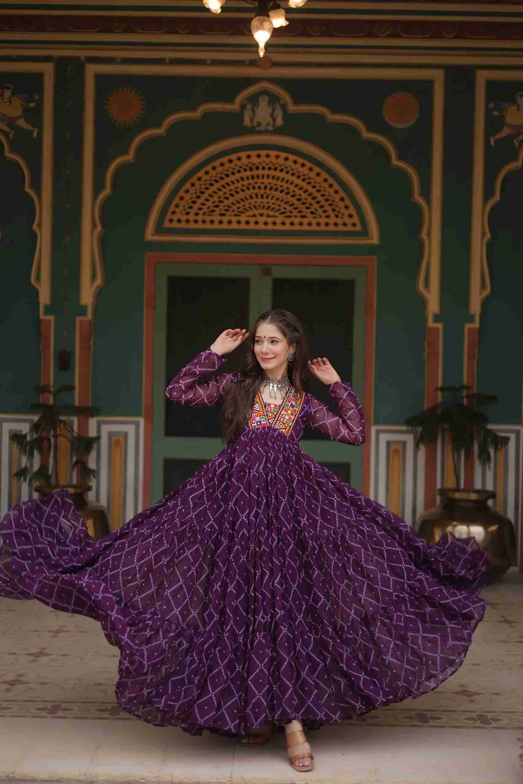 Navratri Bandhani Faux Georgette Gown with Kutchi Patchwork in Surat