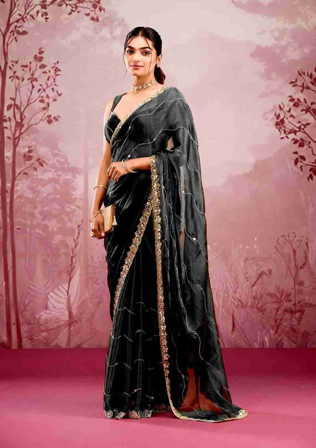 Soft Burberry Silk Party Wear Saree with Mirror Embroidery in Surat