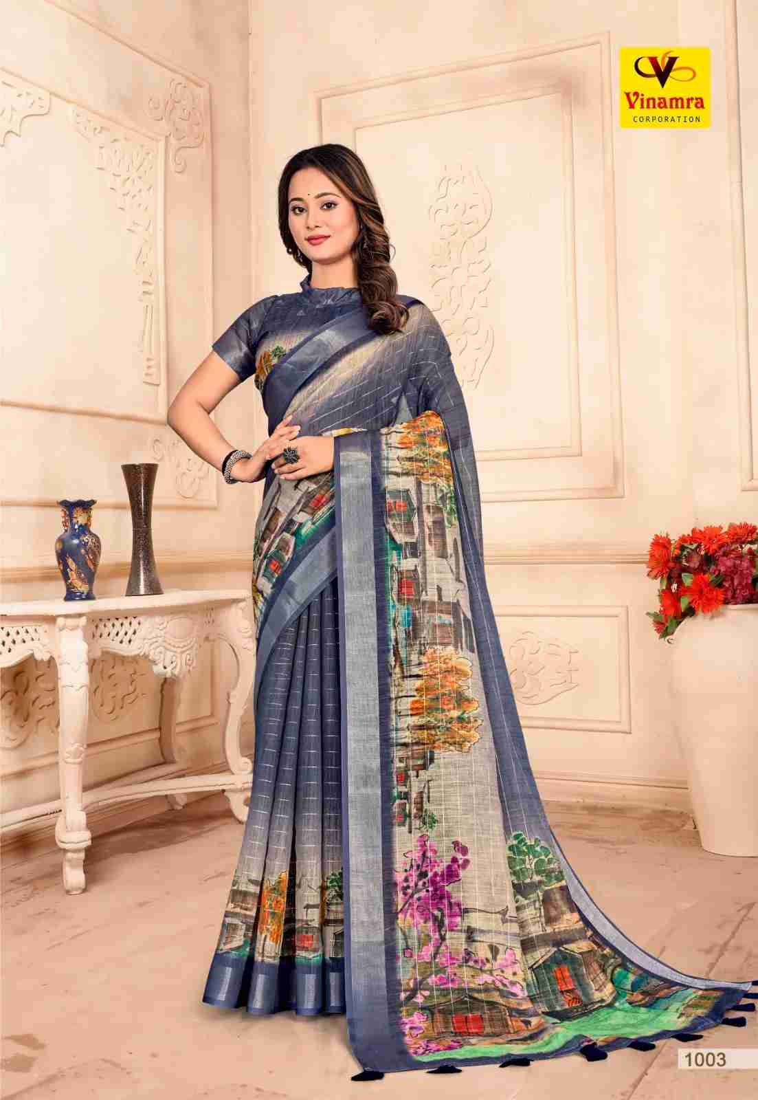 Premium Linen Silver Zari Saree with Elegant Weave in Surat