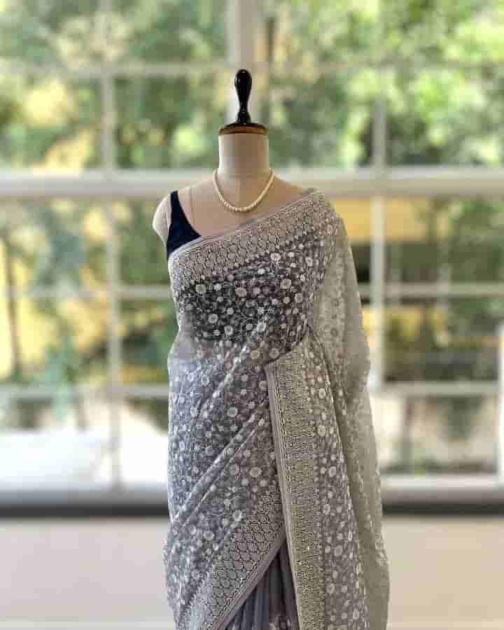 Silk Fabric Chikankari Work With Silk Saree in Surat