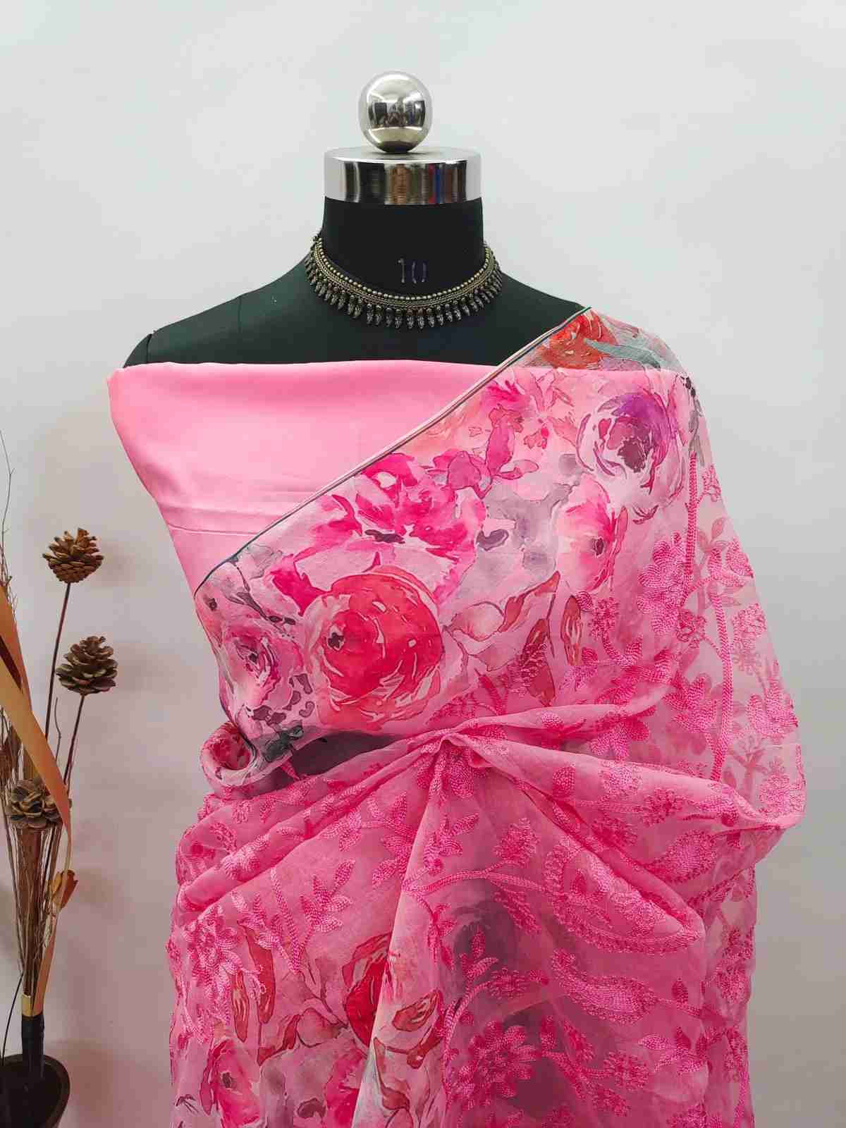 Organza Saree with Heavy Lucknowi Work and Silk Blouse in Surat