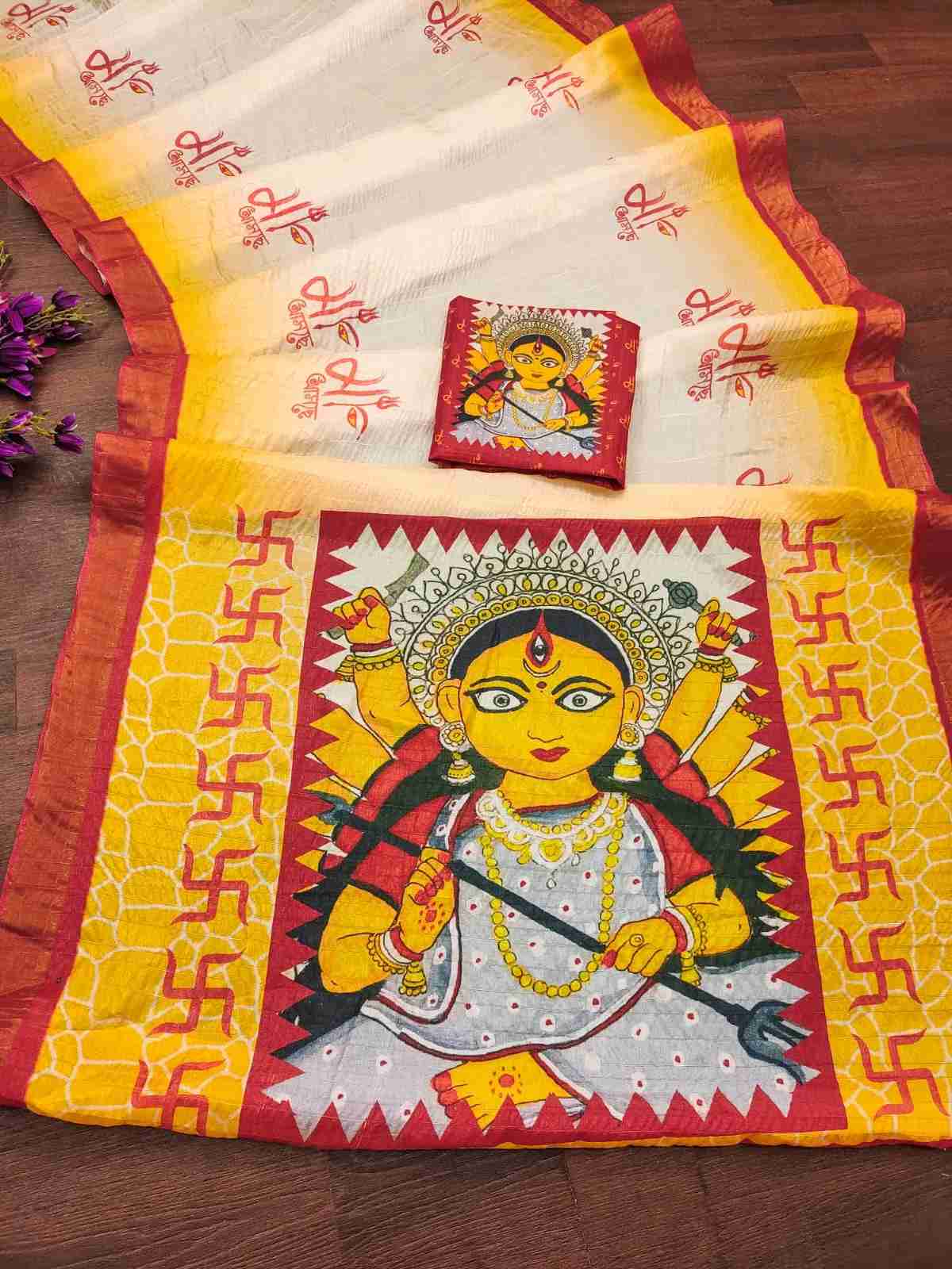 Soft Dola Silk Durga Puja Print Saree with Zari Border in Surat