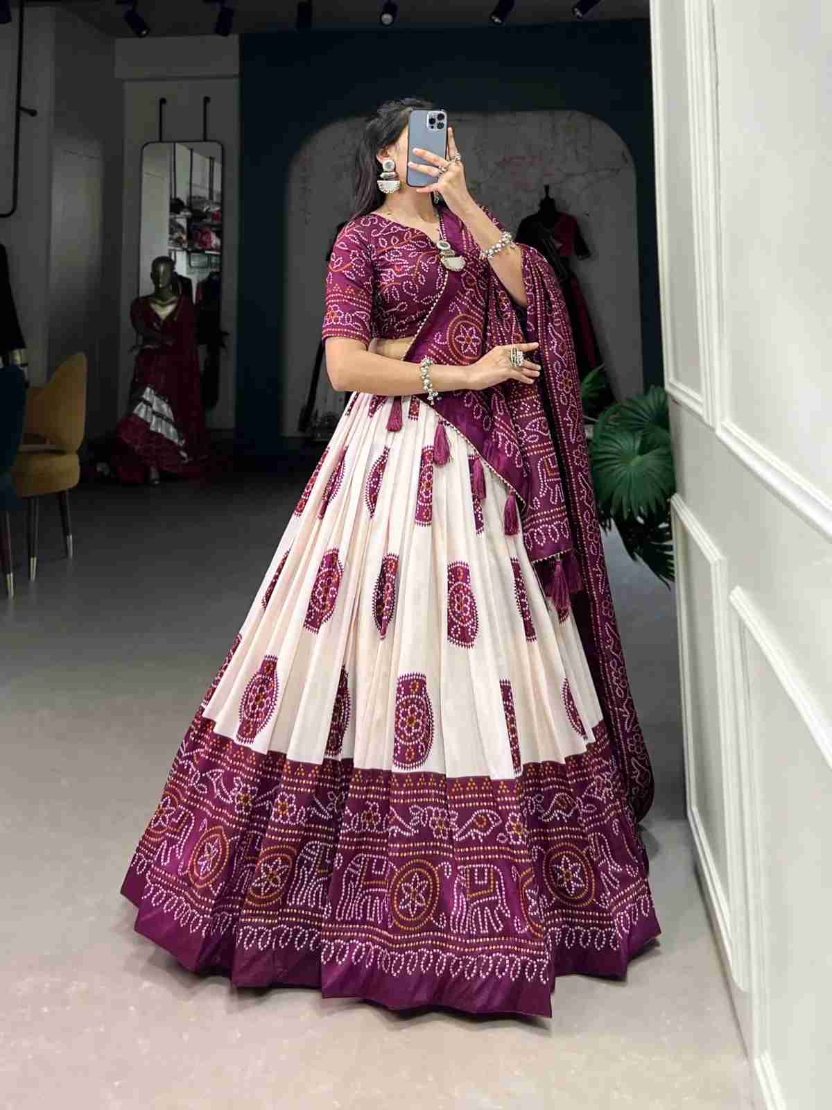 Navratri Tasar Silk Lehenga Choli with Bandhej Print & Tassels in Surat
