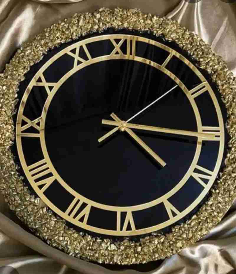 Black Resin Handmade Wall Clock with Golden Stones in Ahmedabad