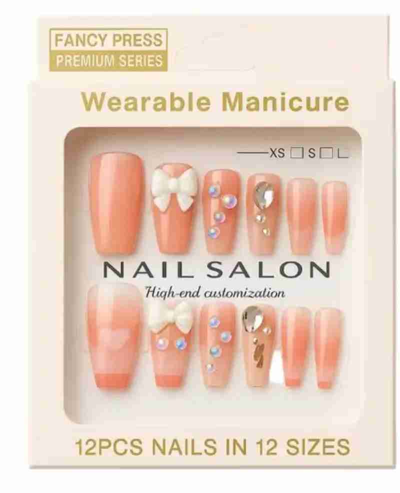 Fancy Press-On Nails Set - 12 Pcs Glossy Nude Tips in Umaria