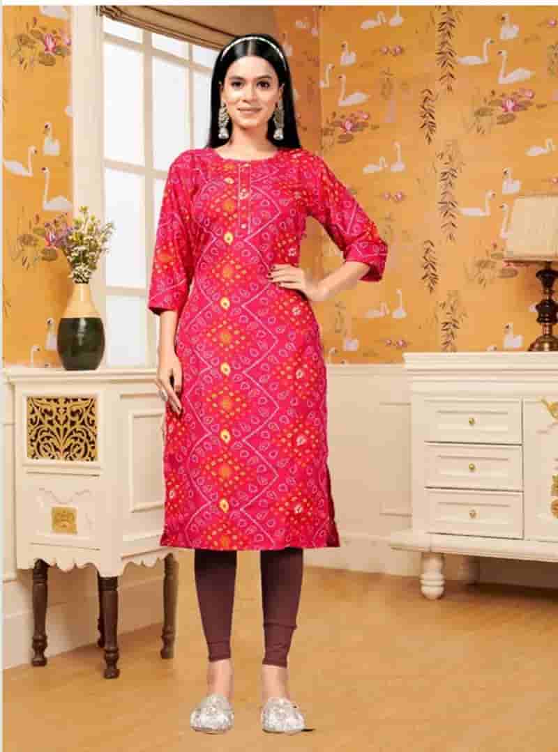 Women's Pink Bandhani Print Straight Kurti in Thane