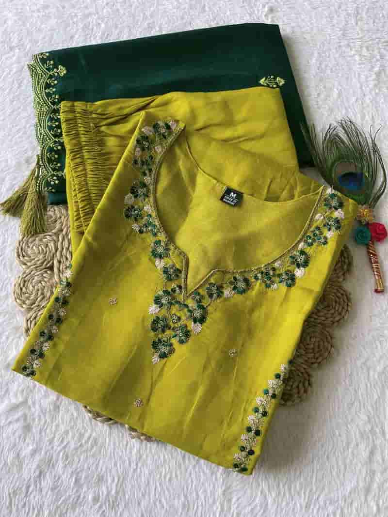 Parrot Colour Silk Kurti Pant Dupatta Set for Women in Surat
