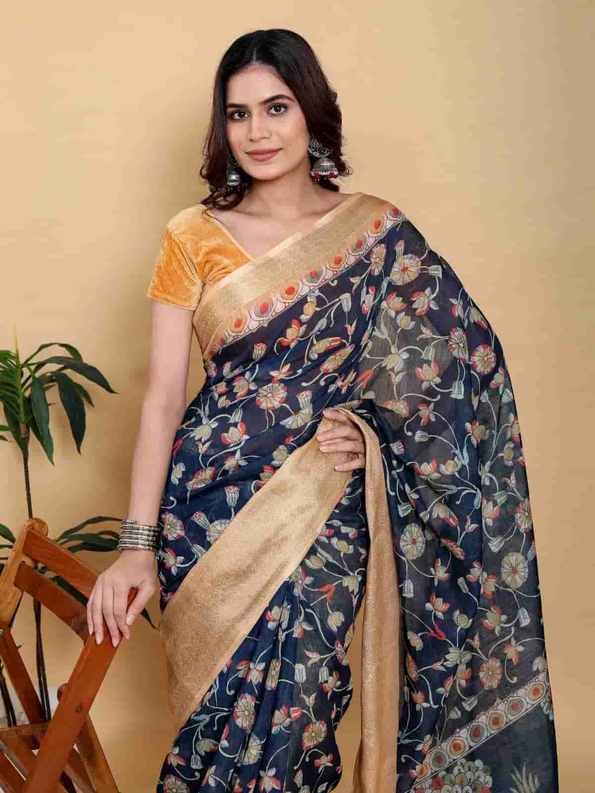 Elegant Navy blue floral print saree in Kolkata