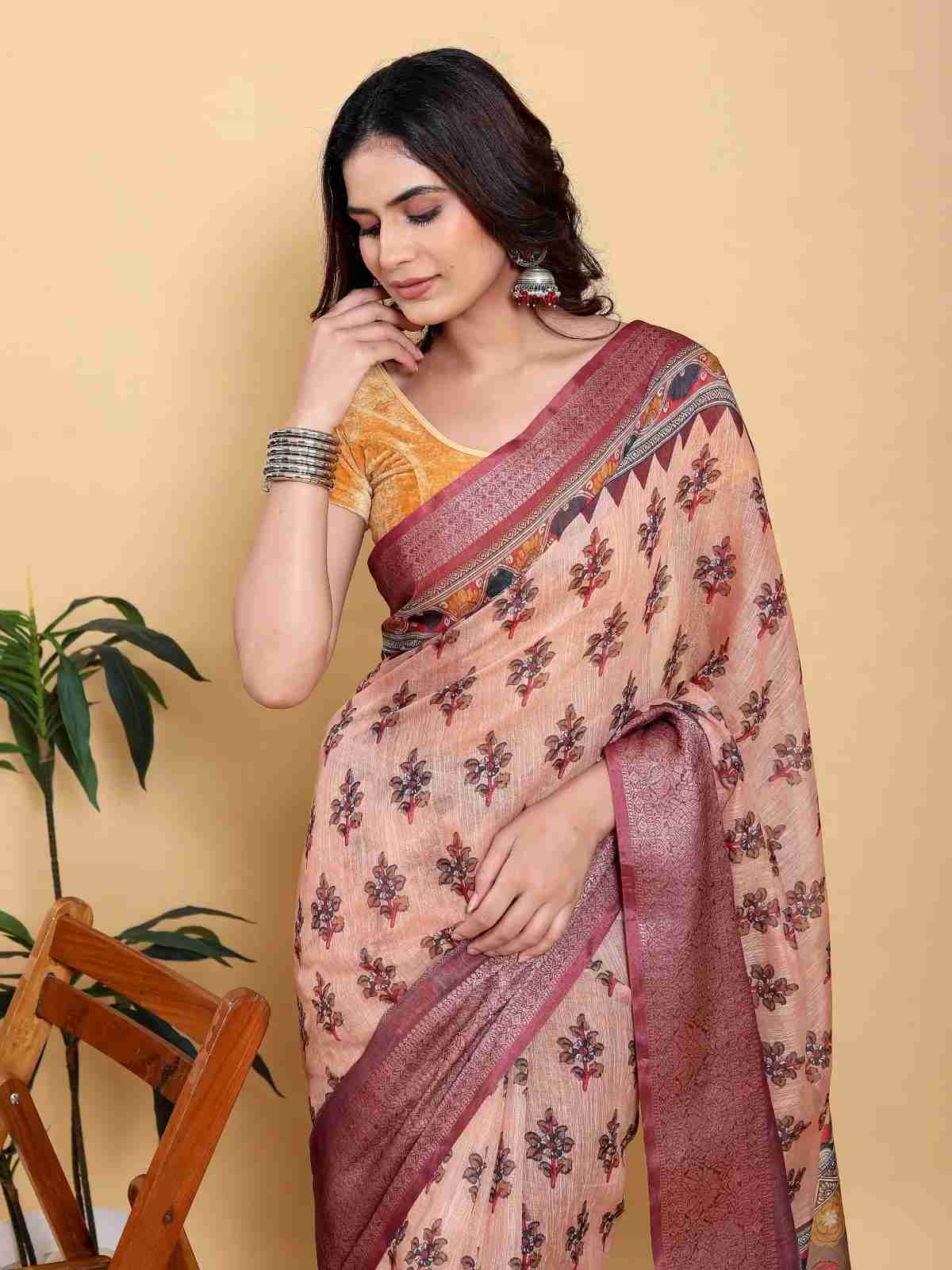 Peach Floral Print Linen Cotton Saree with Maroon Zari Border in Kolkata