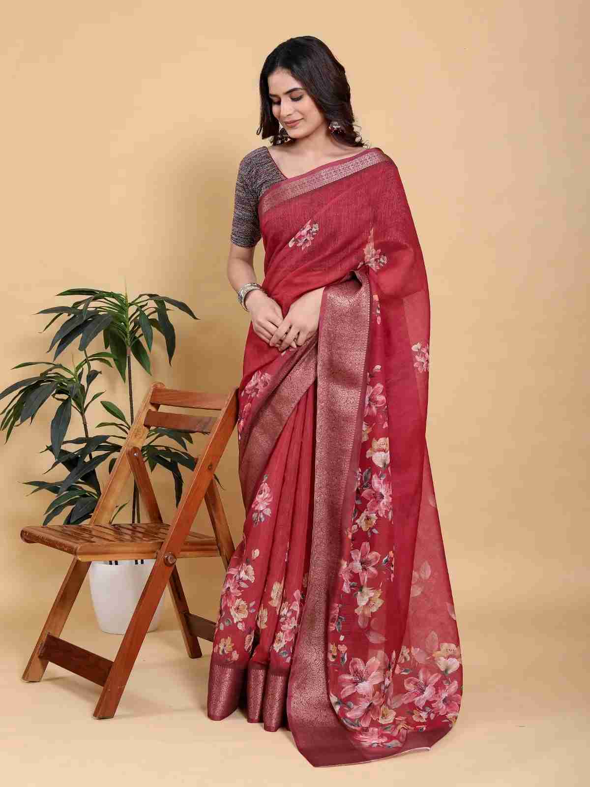 Maroon Floral Print Saree with Metallic Zari Woven Border in Kolkata