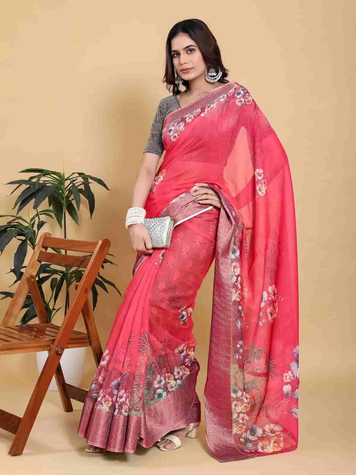 Rani Pink Floral Saree with Contrast Green Zari Border in Kolkata