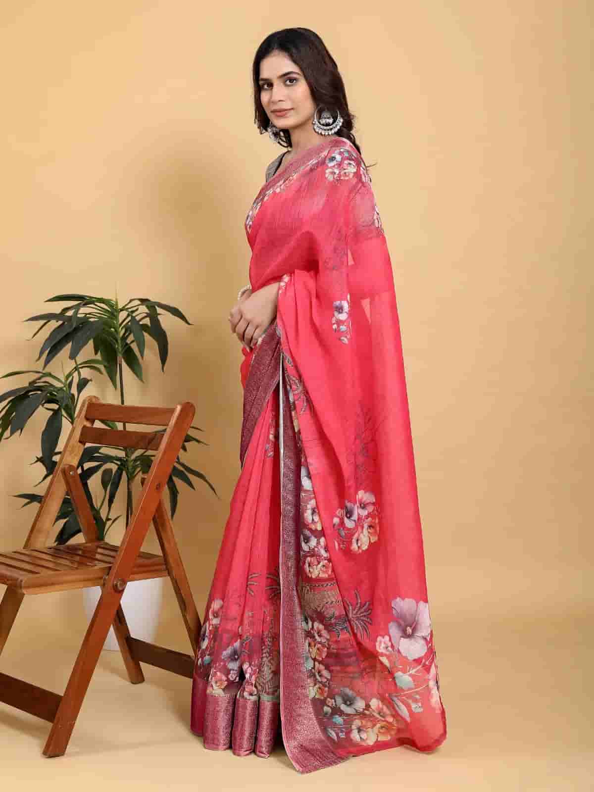 Rani Pink Floral Saree with Contrast Green Zari Border in Kolkata