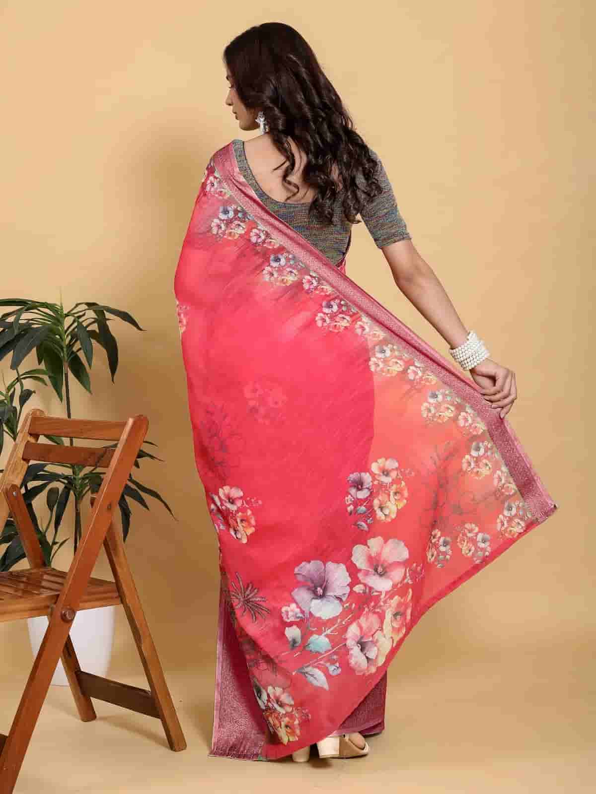Rani Pink Floral Saree with Contrast Green Zari Border in Kolkata