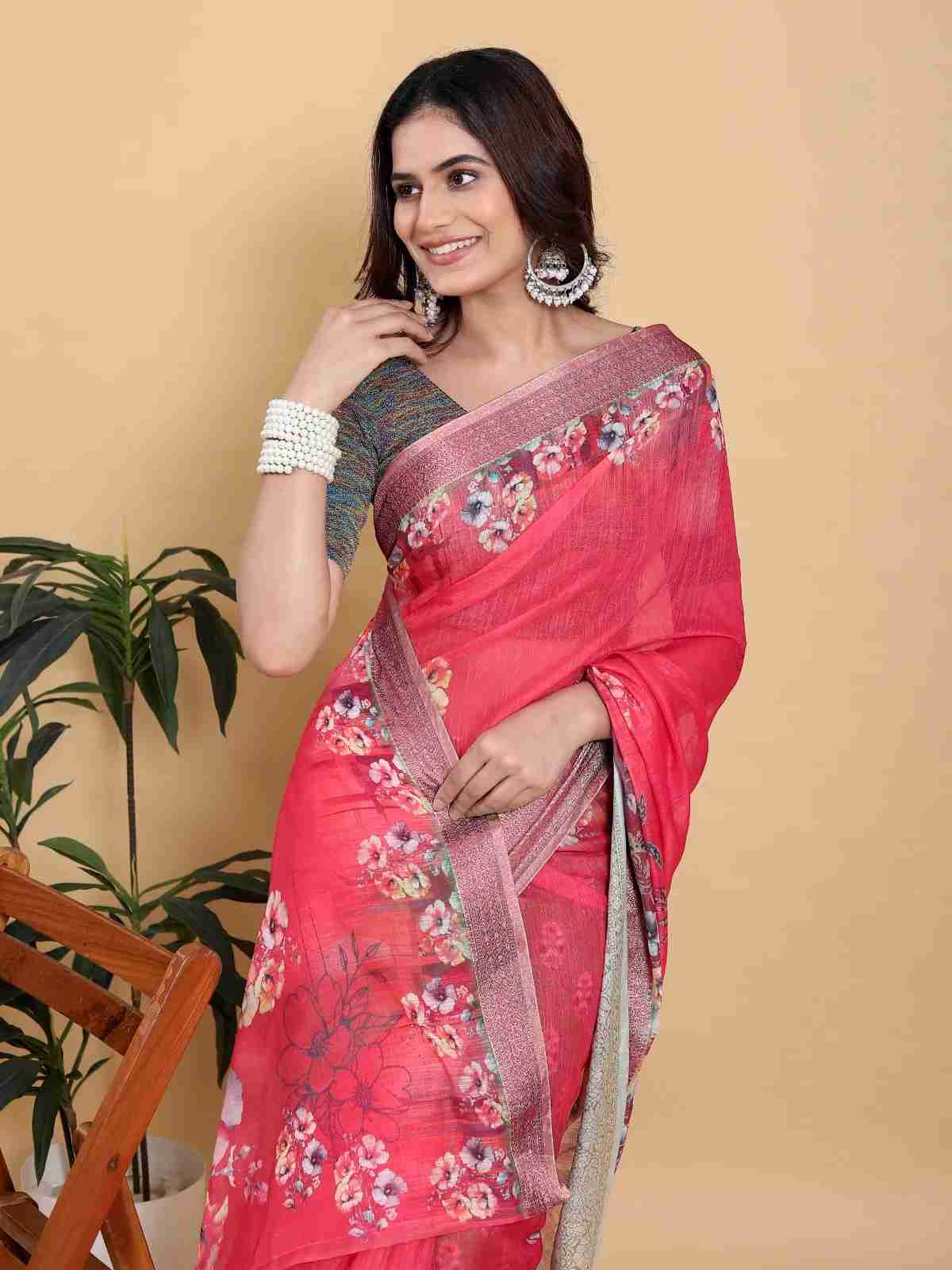 Rani Pink Floral Linen Cotton Saree with Green Zari Border in Kolkata