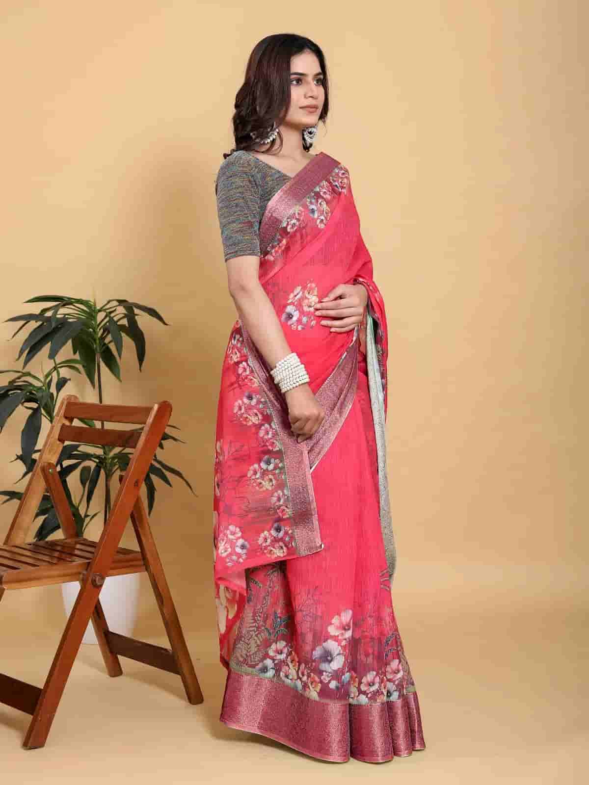 Rani Pink Floral Saree with Contrast Green Zari Border in Kolkata