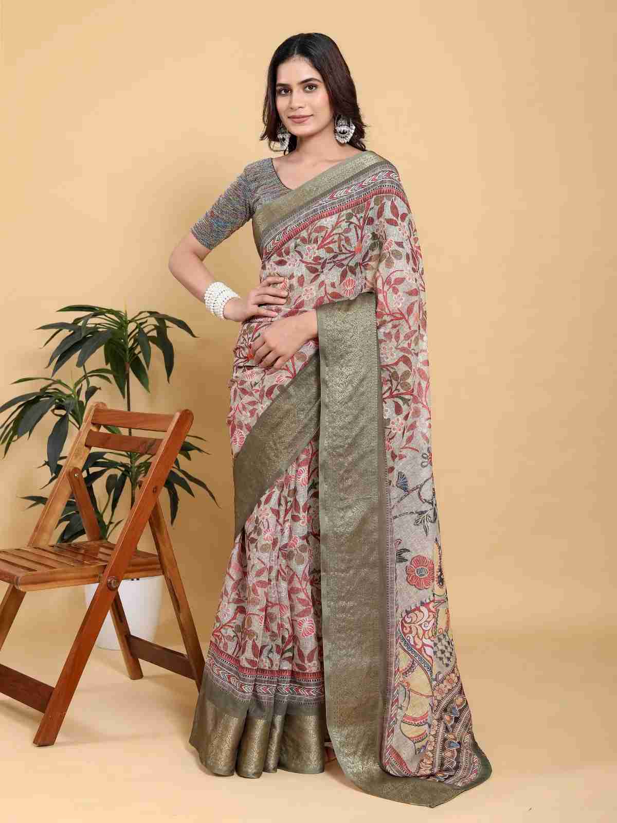 Beige Kalamkari Print Linen Cotton Saree with Zari Border in Kolkata