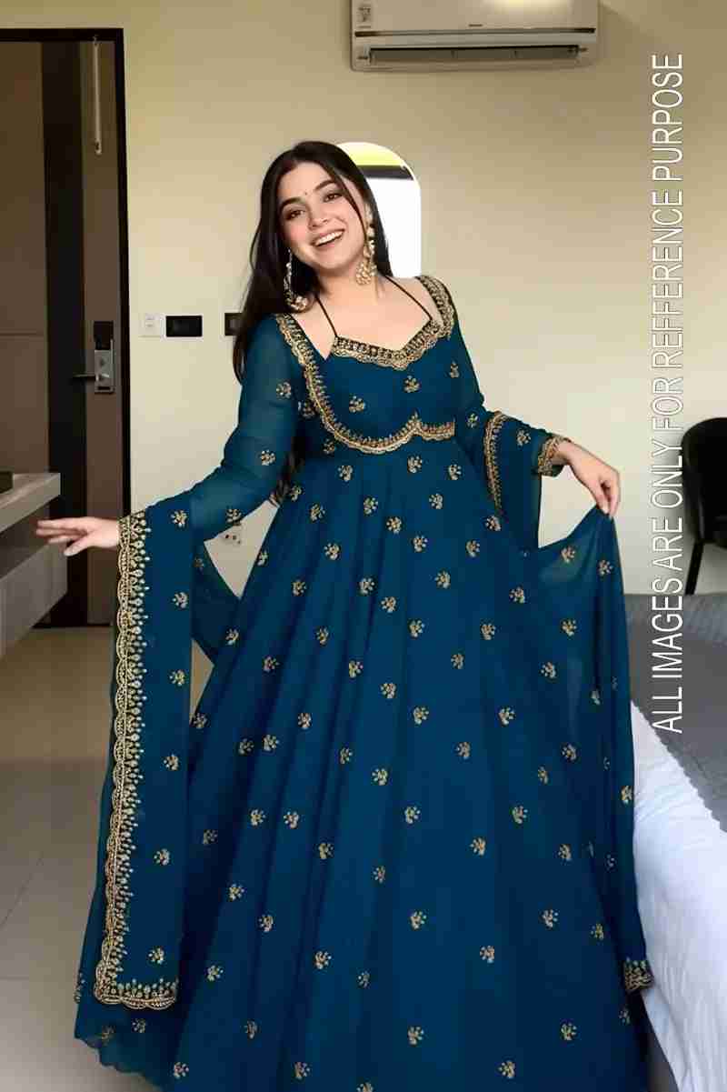 Blue Faux Georgette Anarkali Gown with Zari Embroidery Work in Jamnagar