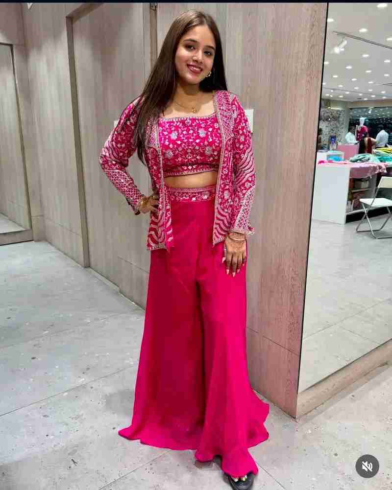 Designer Rani Pink Palazzo Koti Set in Chinon Silk in Jamnagar