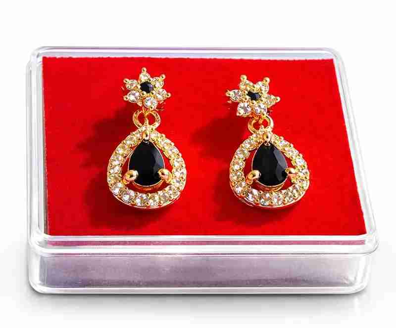 American Diamond Flower Stud Earrings with Black Drop Stone in Hyderabad