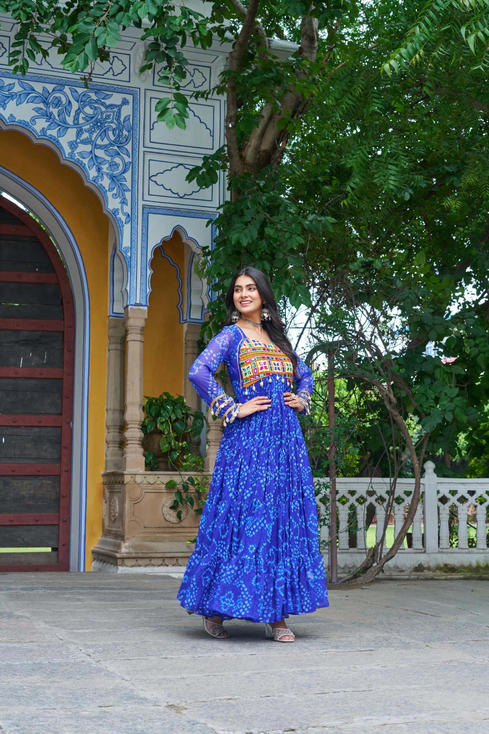 Bandhani Print Faux Georgette Navratri Gown with Kutchi Work - Image 6 in Surat