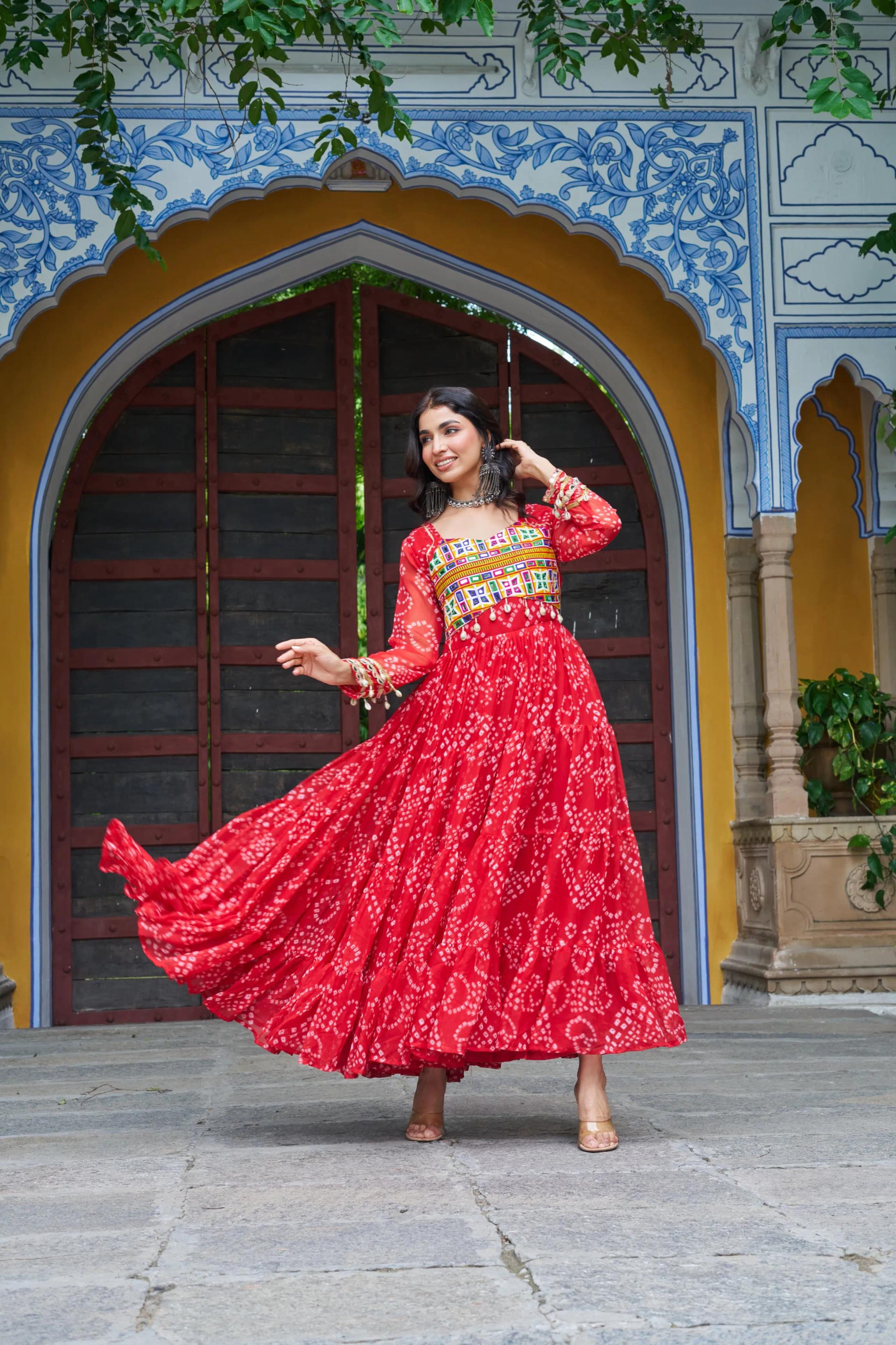 Bandhani Print Faux Georgette Navratri Gown with Kutchi Work - Image 9 in Surat