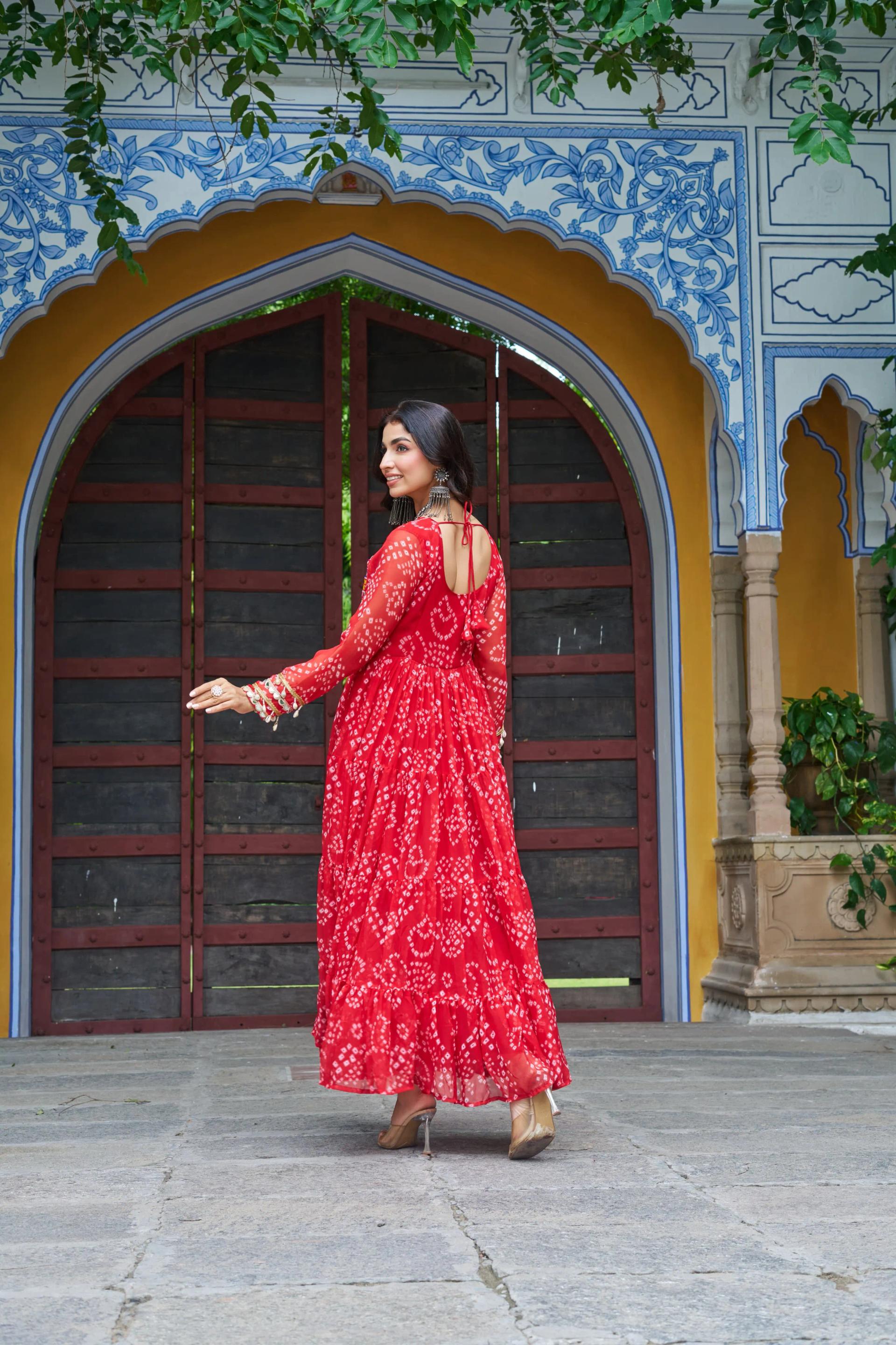 Bandhani Print Faux Georgette Navratri Gown with Kutchi Work - Image 22 in Surat