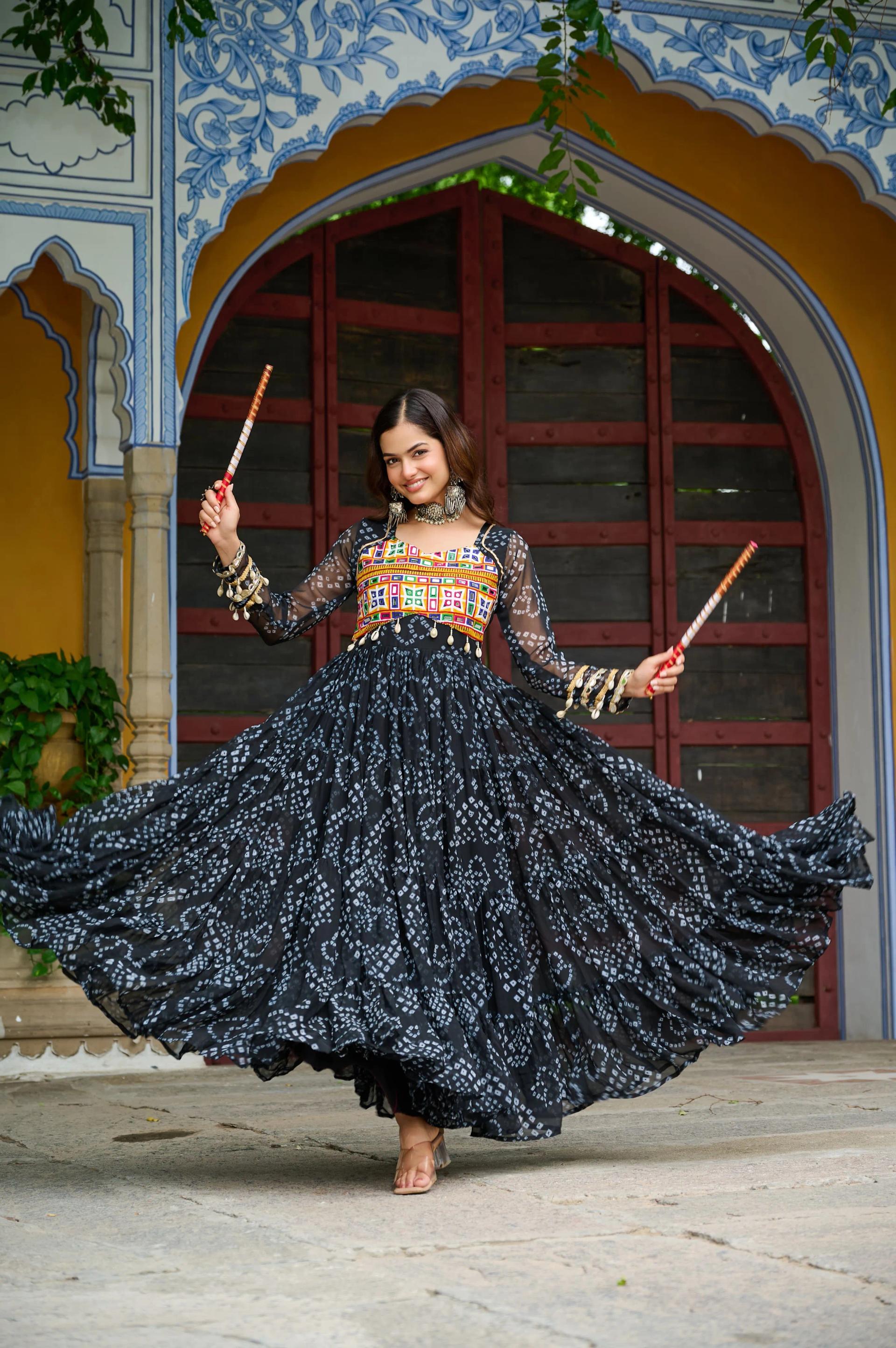 Bandhani Print Faux Georgette Navratri Gown with Kutchi Work - Image 4 in Surat