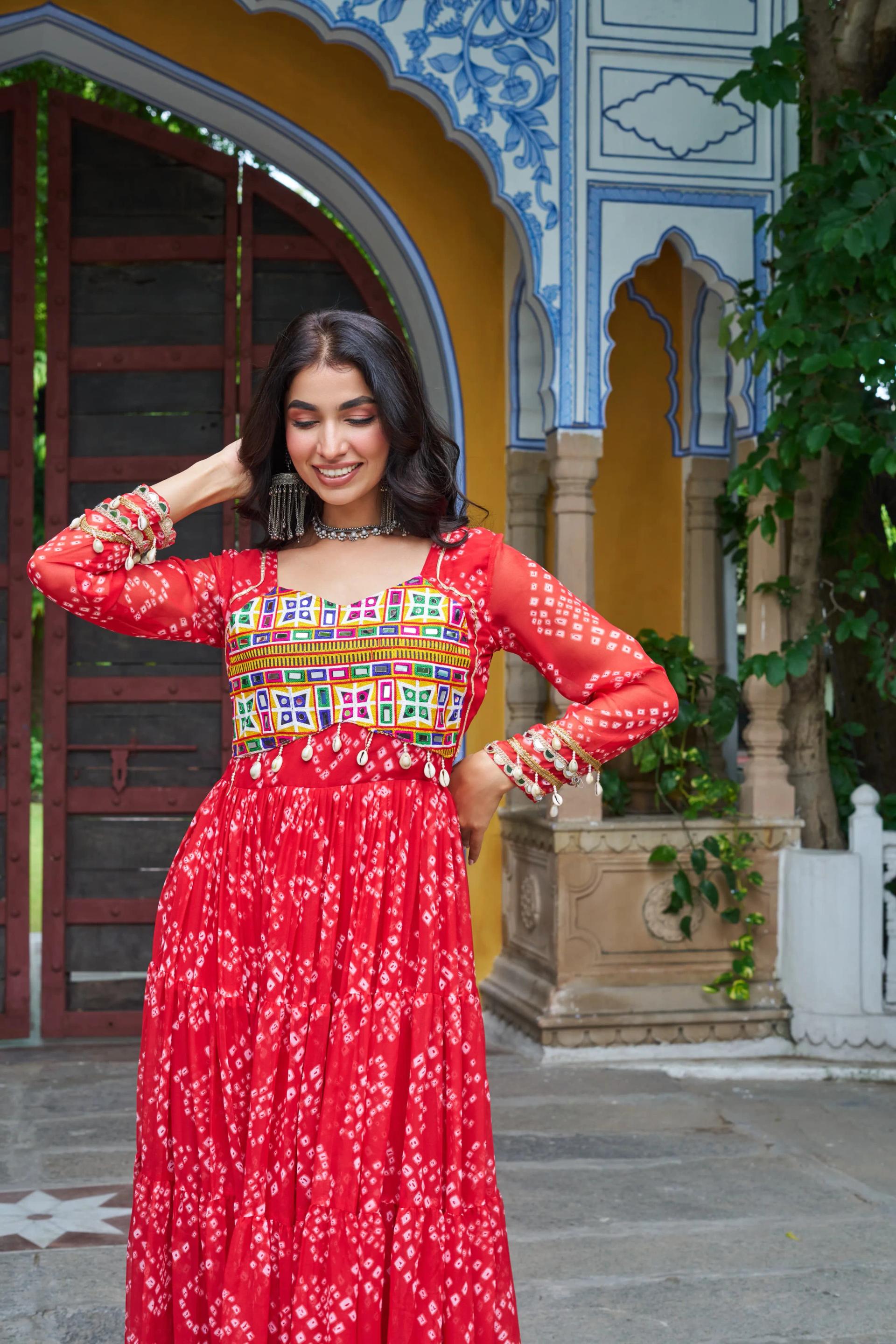 Bandhani Print Faux Georgette Navratri Gown with Kutchi Work - Image 8 in Surat