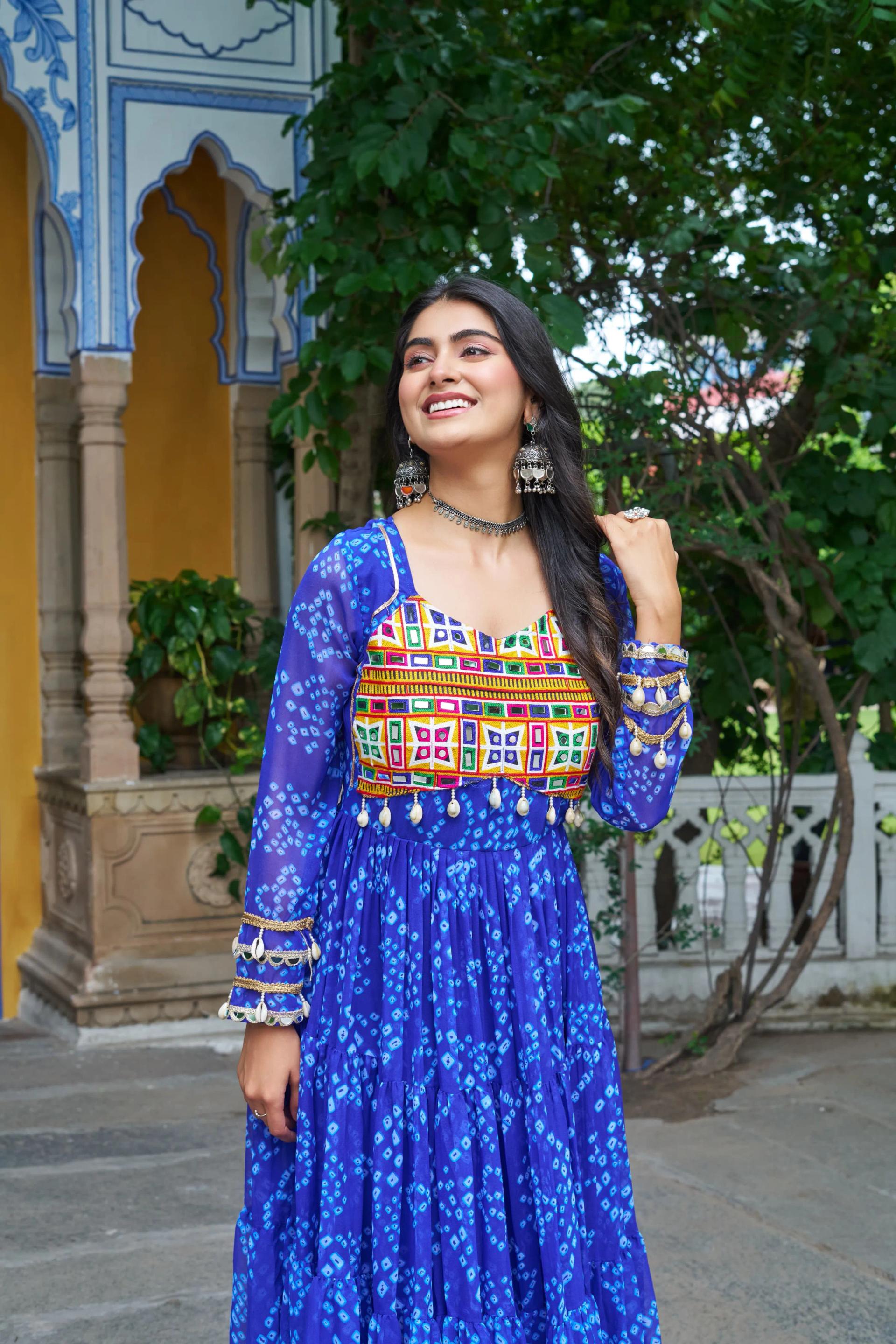 Bandhani Print Faux Georgette Navratri Gown with Kutchi Work - Image 13 in Surat