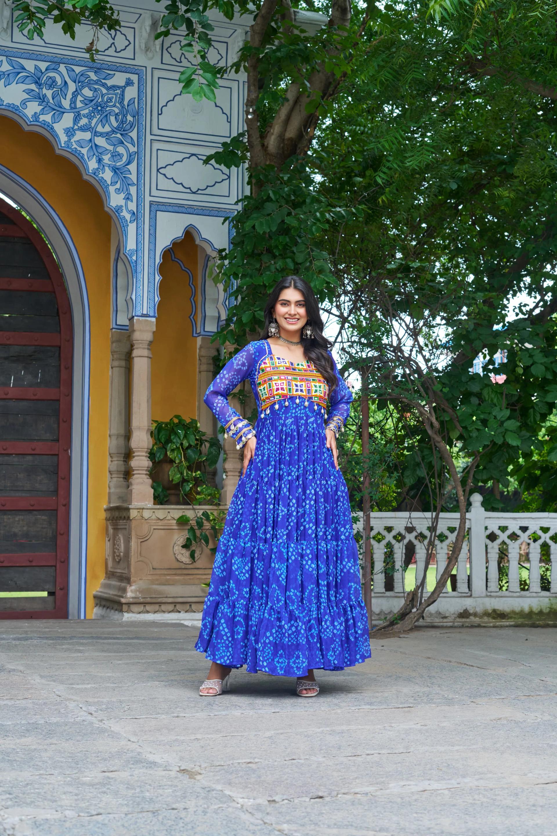 Bandhani Print Faux Georgette Navratri Gown with Kutchi Work - Image 3 in Surat