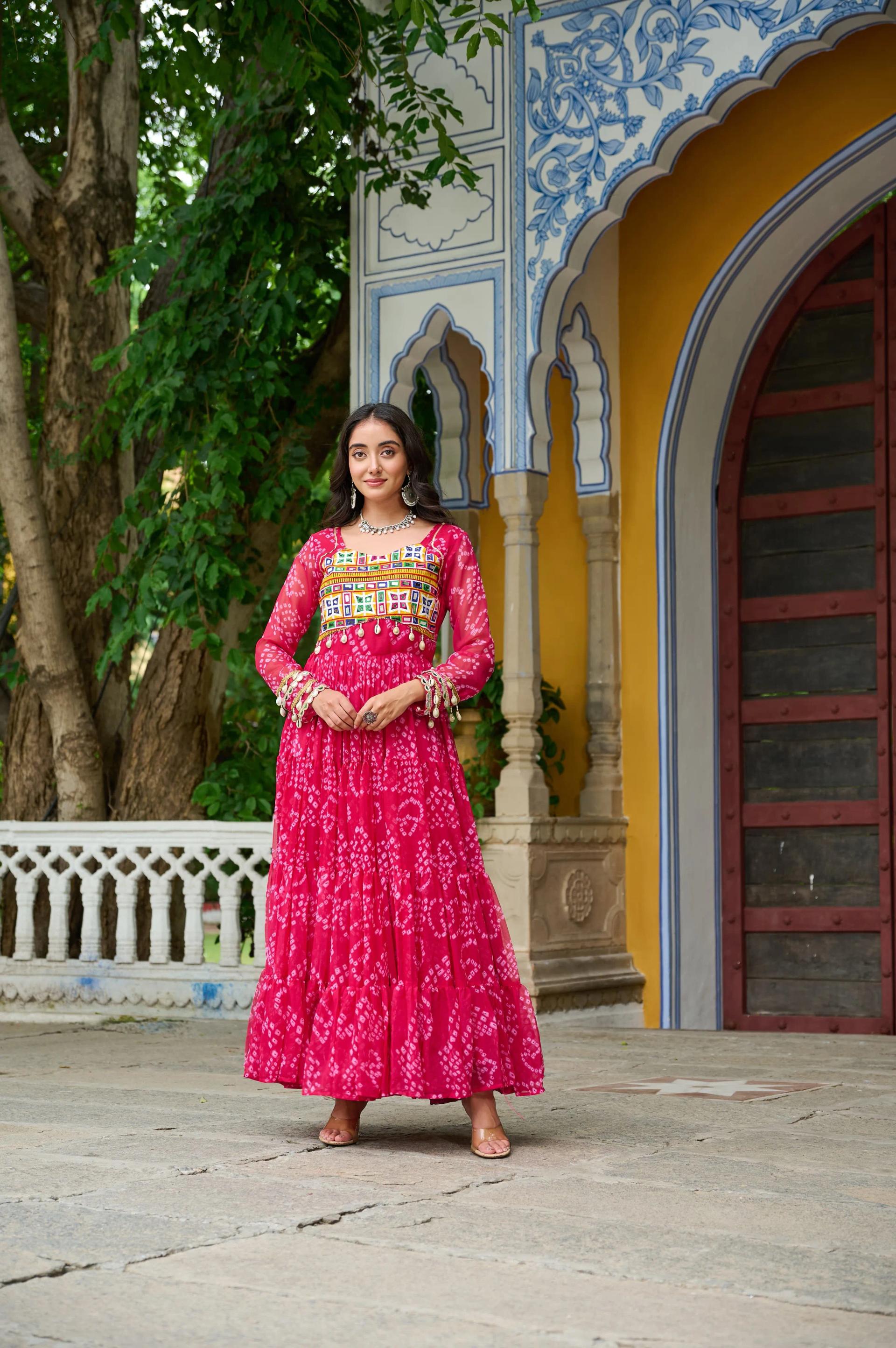 Bandhani Print Faux Georgette Navratri Gown with Kutchi Work - Image 15 in Surat