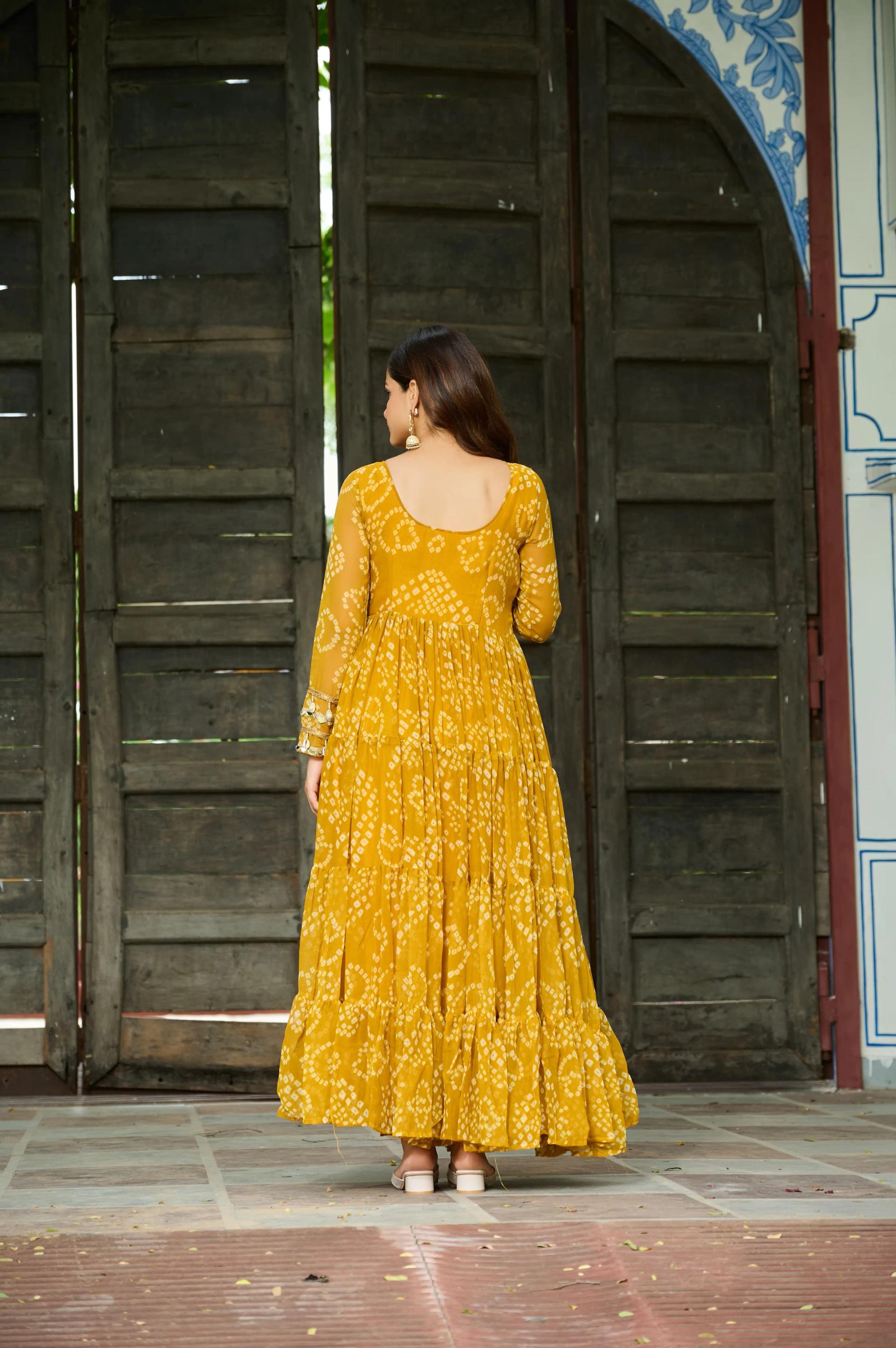 Bandhani Print Faux Georgette Navratri Gown with Kutchi Work - Image 21 in Surat