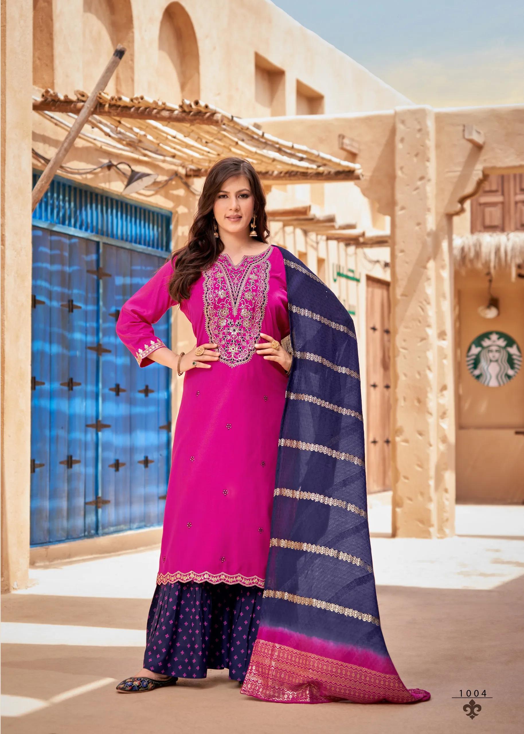 Rang Rasiya Rayon Salwar Suit with Embroidered Sharara - Image 11 in Surat