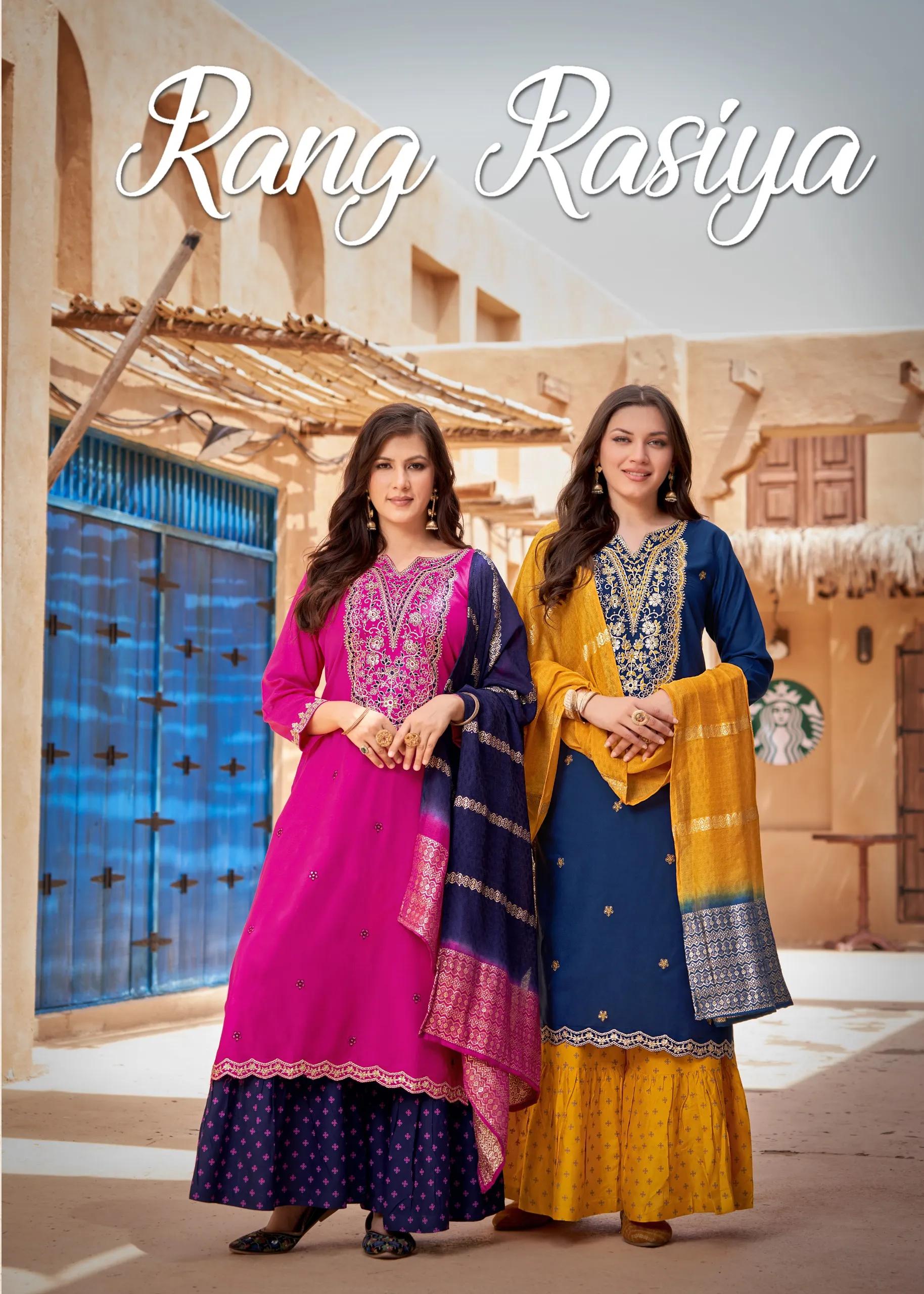 Rang Rasiya Rayon Salwar Suit with Embroidered Sharara - Image 7 in Surat