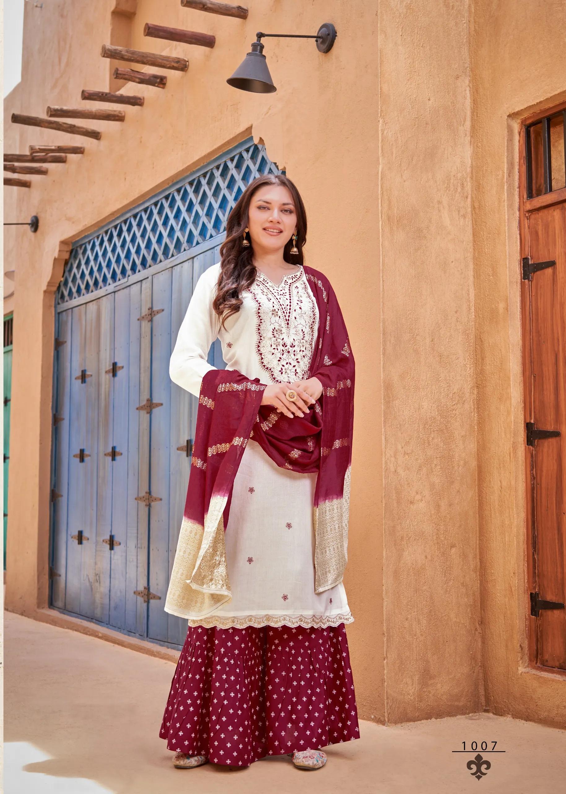 Rang Rasiya Rayon Salwar Suit with Embroidered Sharara - Image 2 in Surat