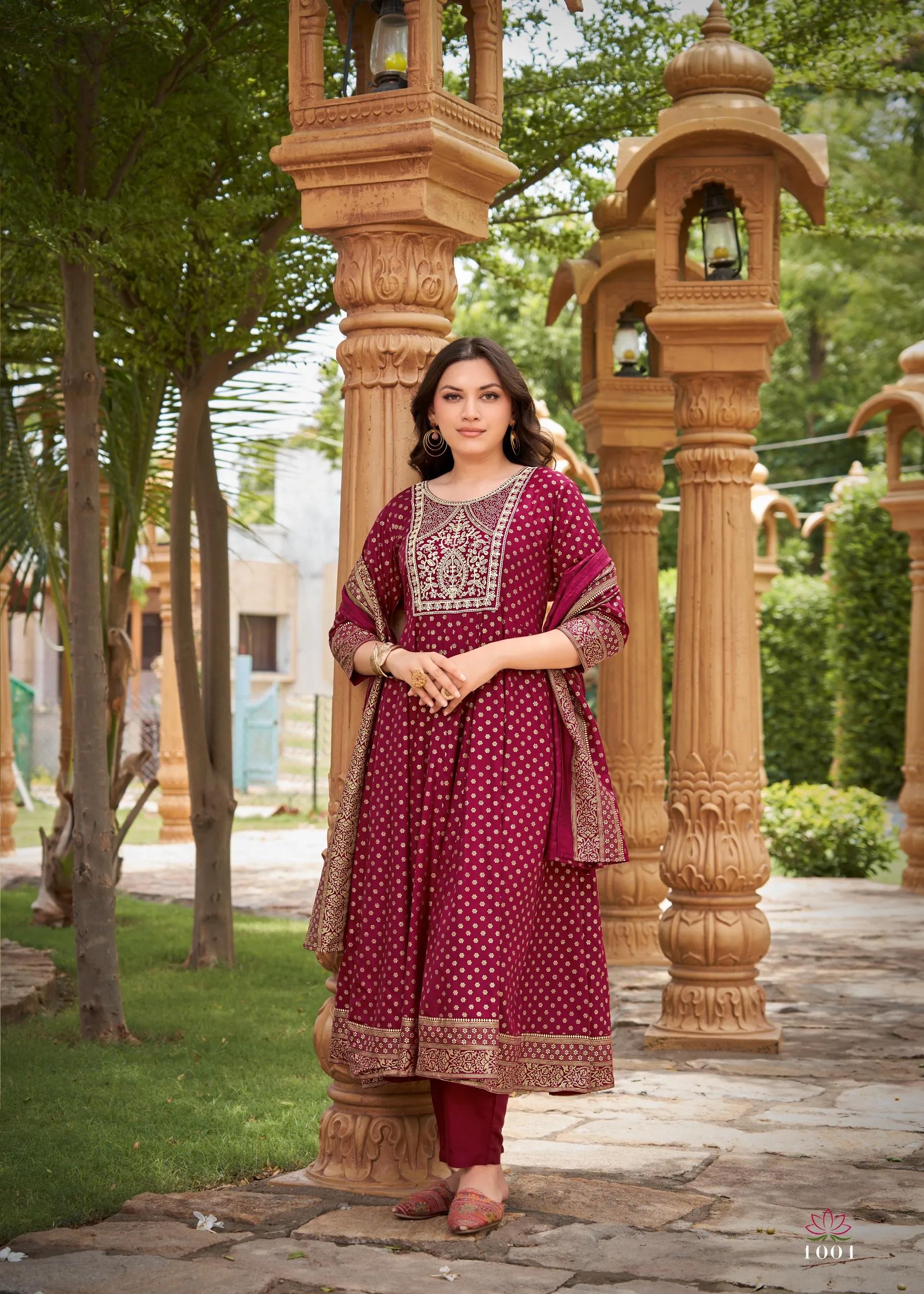 Gauri Rayon Salwar Suit with Heavy Embroidery & Foil Print - Image 10 in Surat