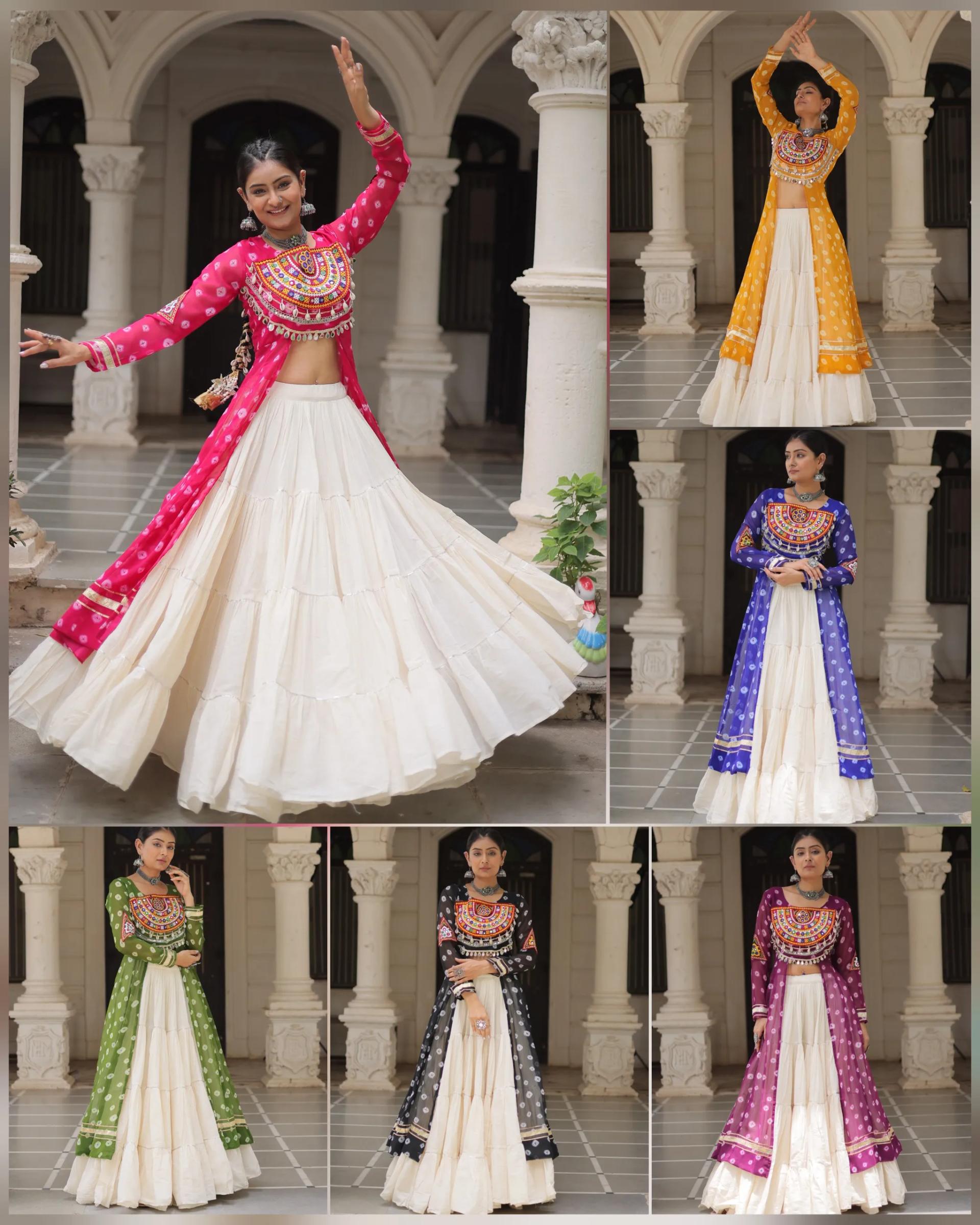 Designer Navratri Kora Cotton Lehenga Choli with Kutchi Work - Image 37 in Surat
