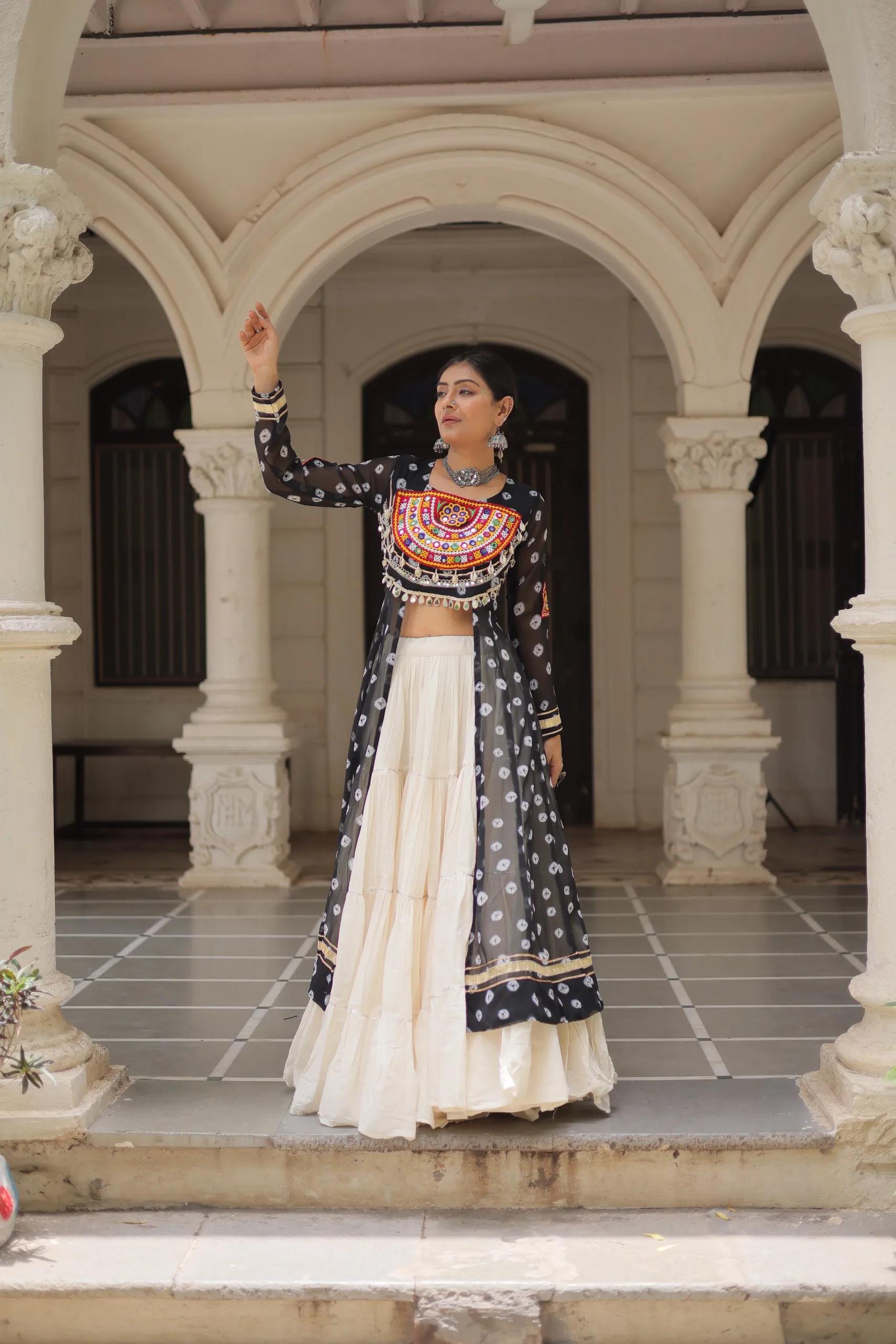 Designer Navratri Kora Cotton Lehenga Choli with Kutchi Work - Image 38 in Surat