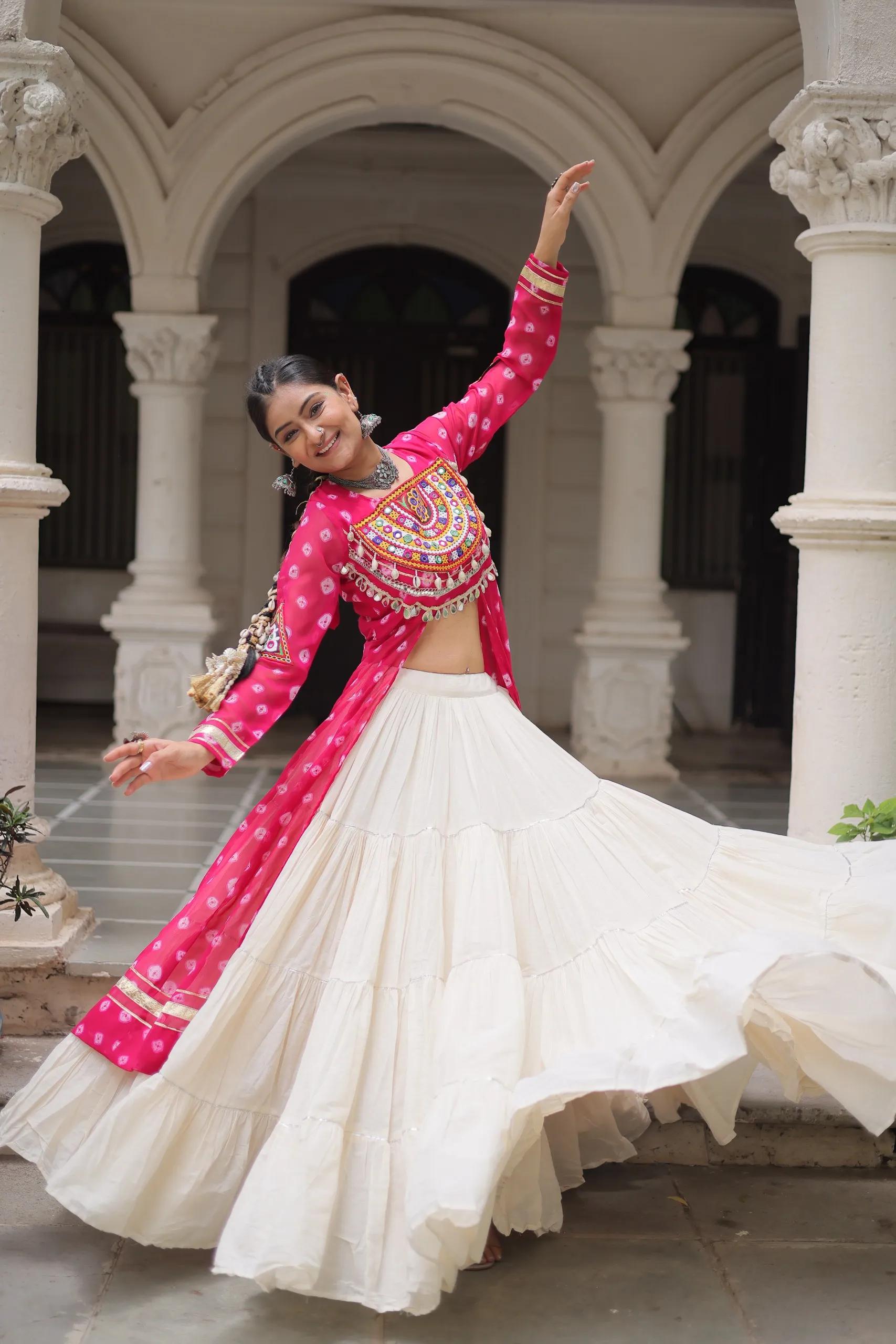 Designer Navratri Kora Cotton Lehenga Choli with Kutchi Work - Image 35 in Surat