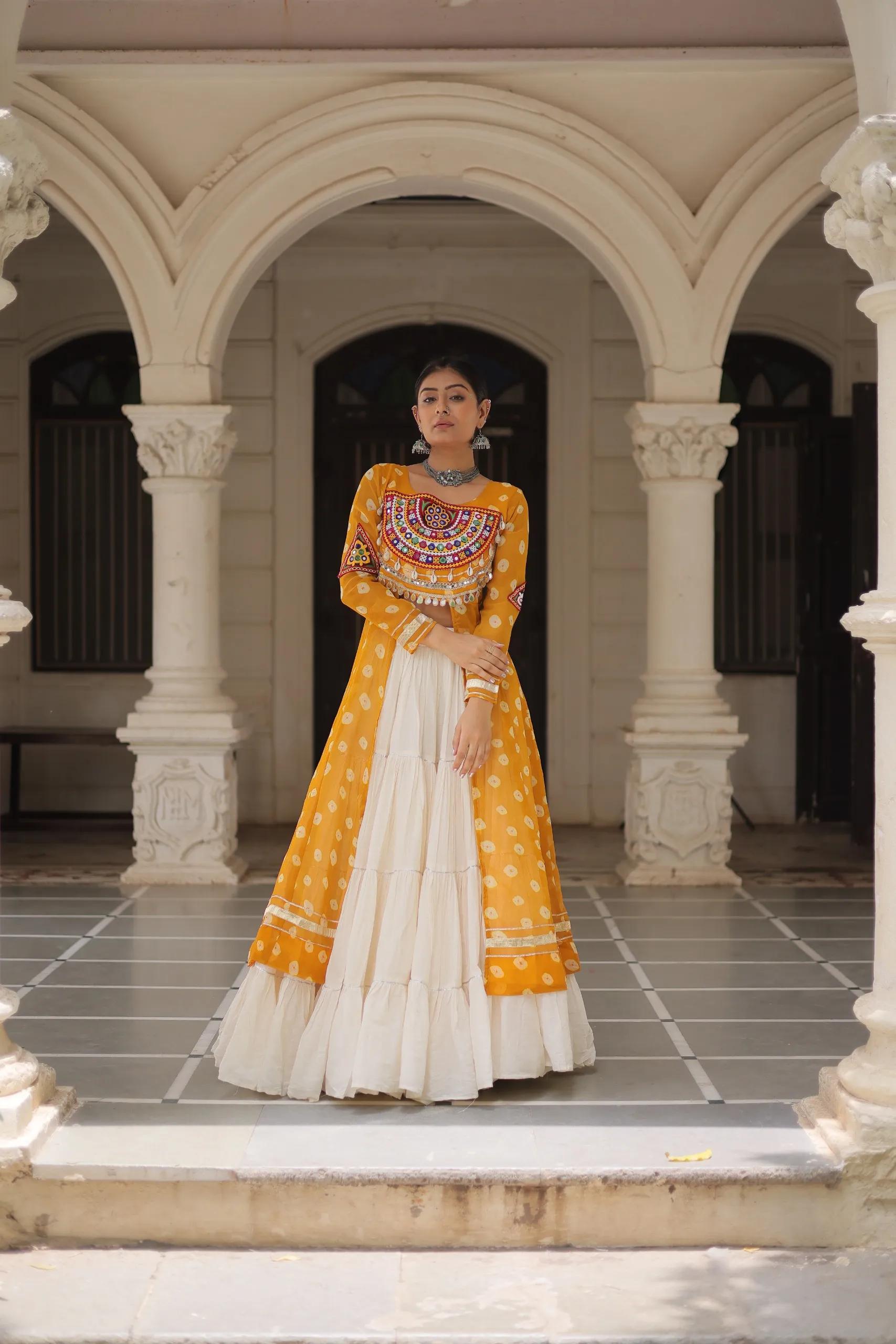 Designer Navratri Kora Cotton Lehenga Choli with Kutchi Work - Image 32 in Surat