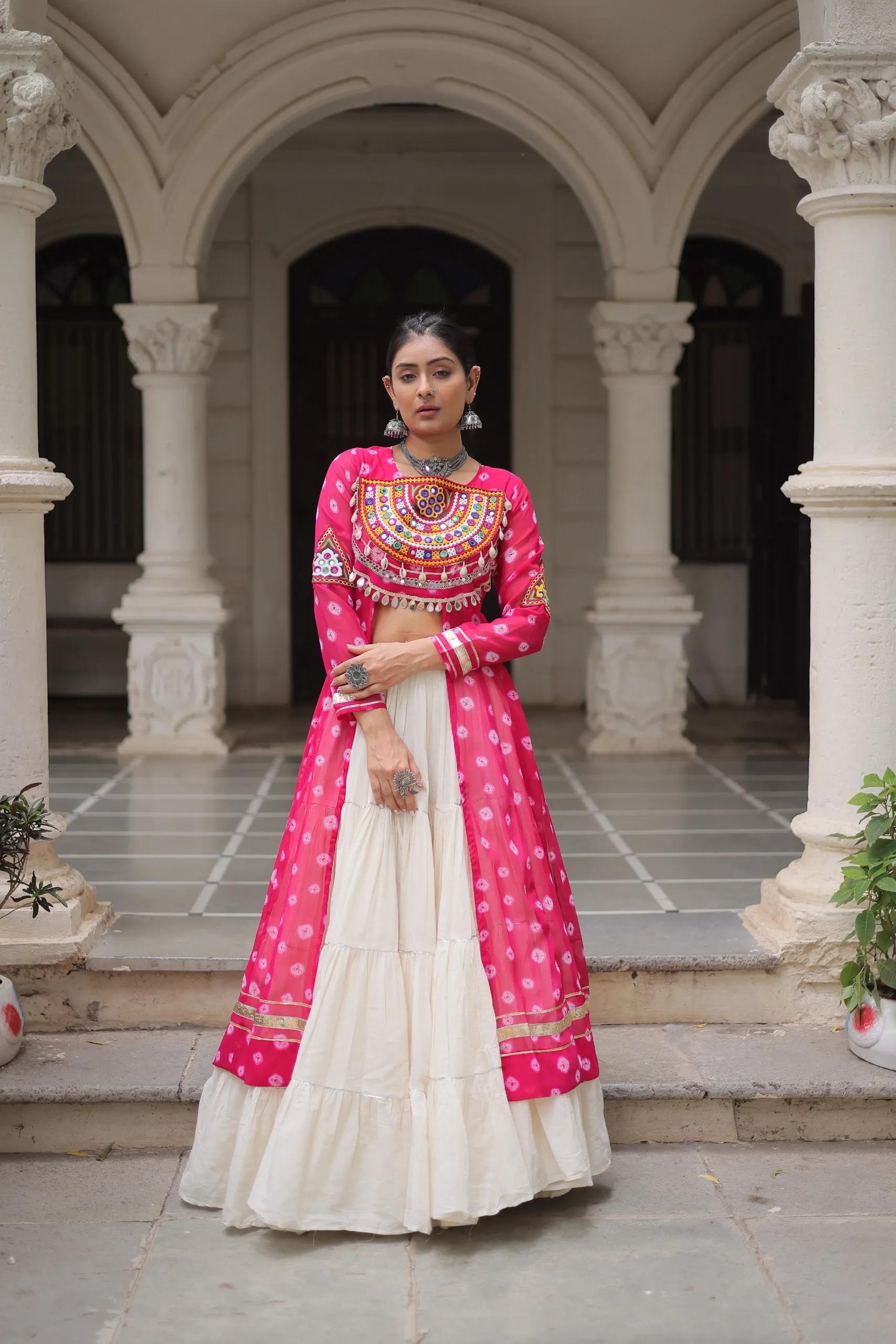 Designer Navratri Kora Cotton Lehenga Choli with Kutchi Work - Image 34 in Surat