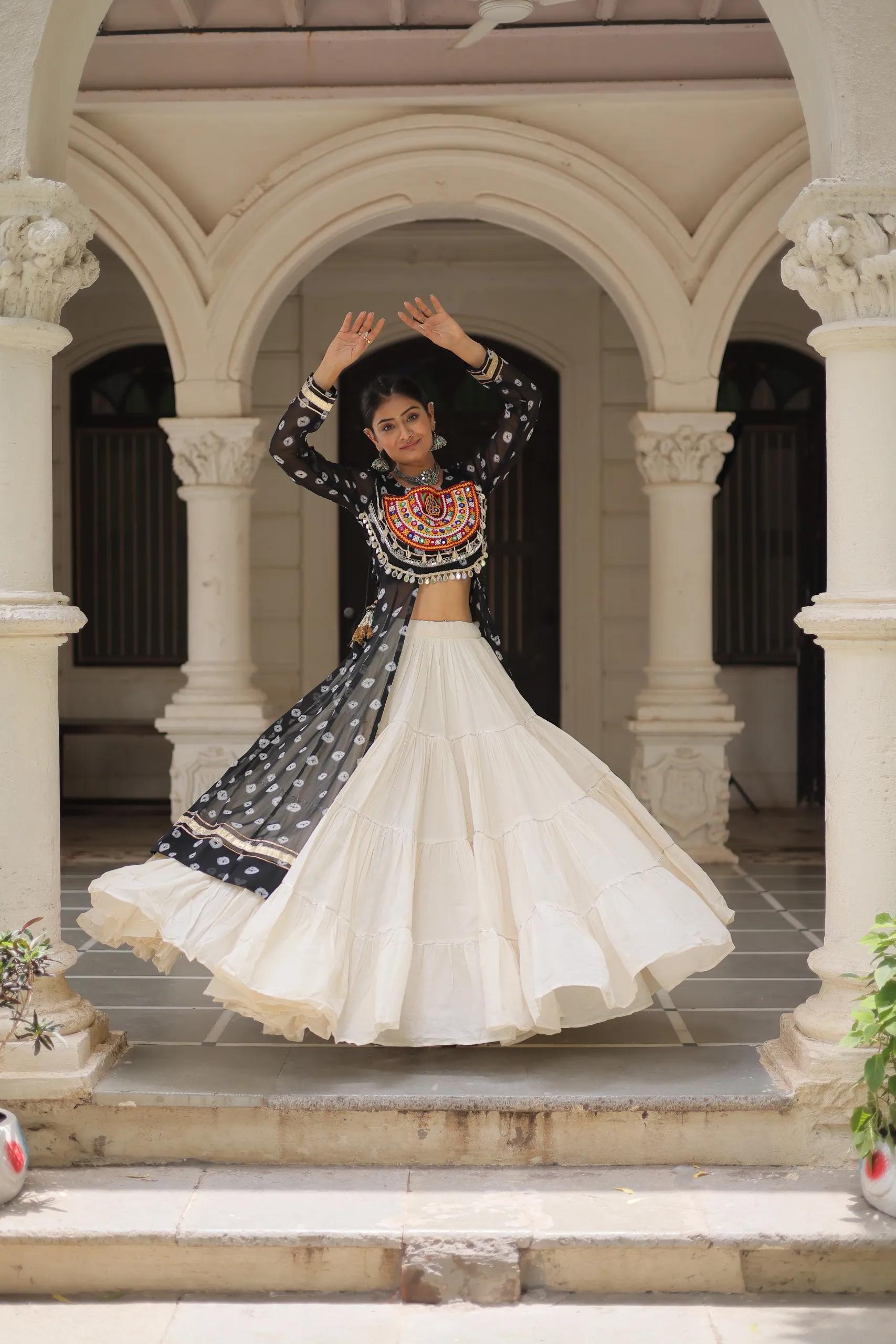Designer Navratri Kora Cotton Lehenga Choli with Kutchi Work - Image 31 in Surat