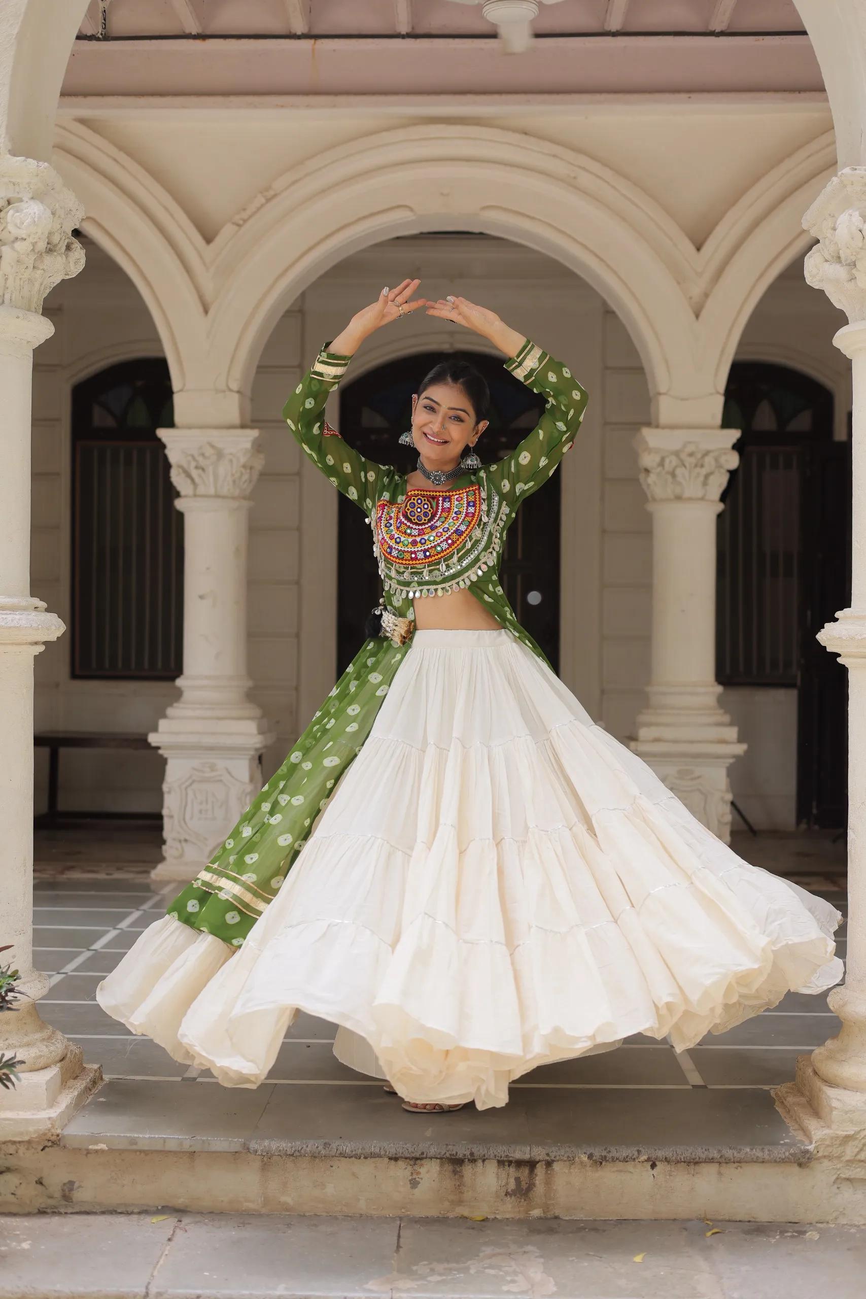 Designer Navratri Kora Cotton Lehenga Choli with Kutchi Work - Image 20 in Surat