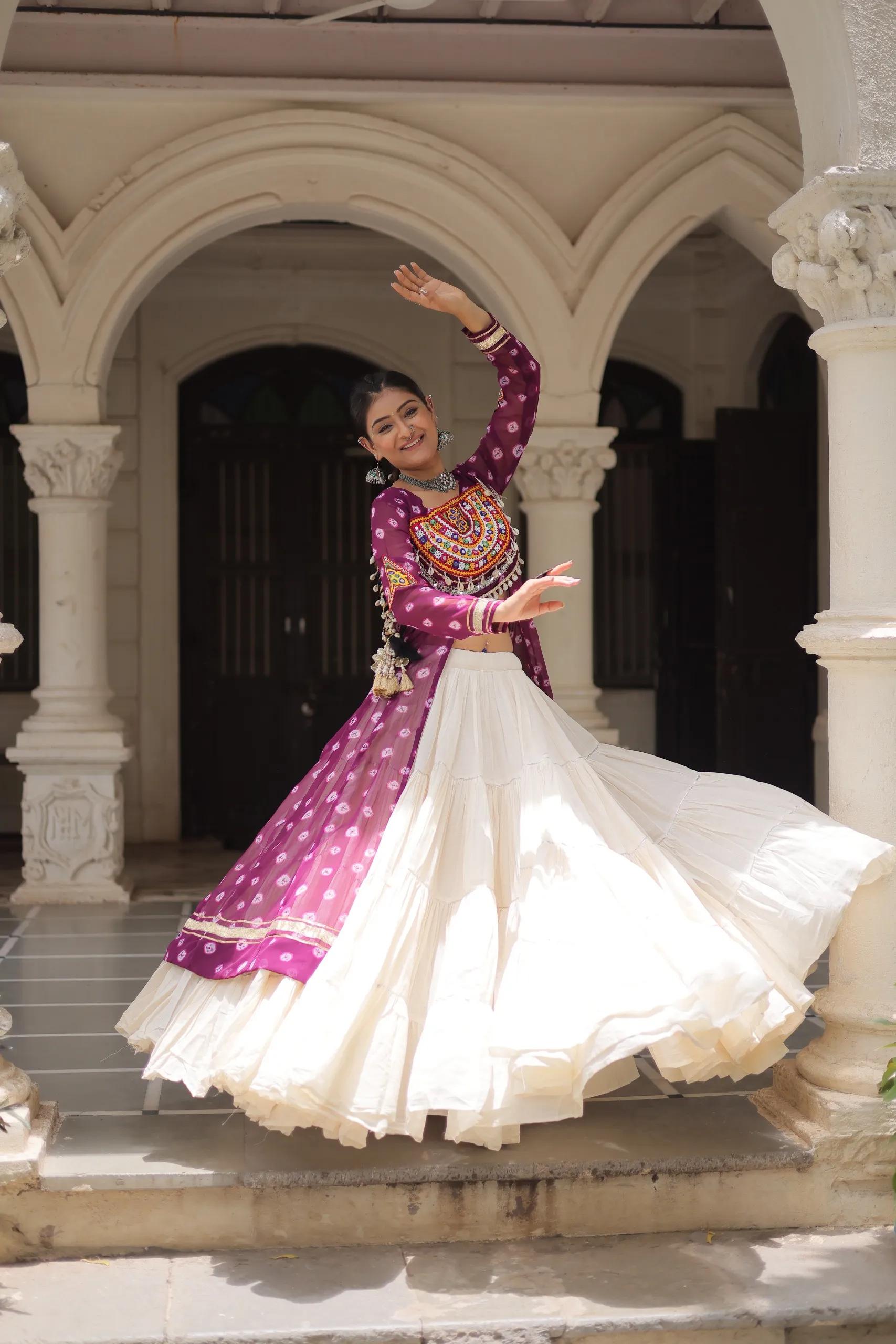 Designer Navratri Kora Cotton Lehenga Choli with Kutchi Work - Image 21 in Surat