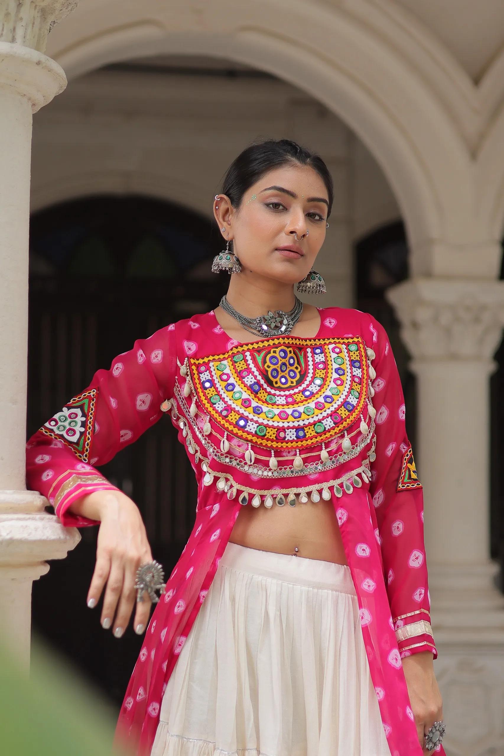 Designer Navratri Kora Cotton Lehenga Choli with Kutchi Work - Image 19 in Surat
