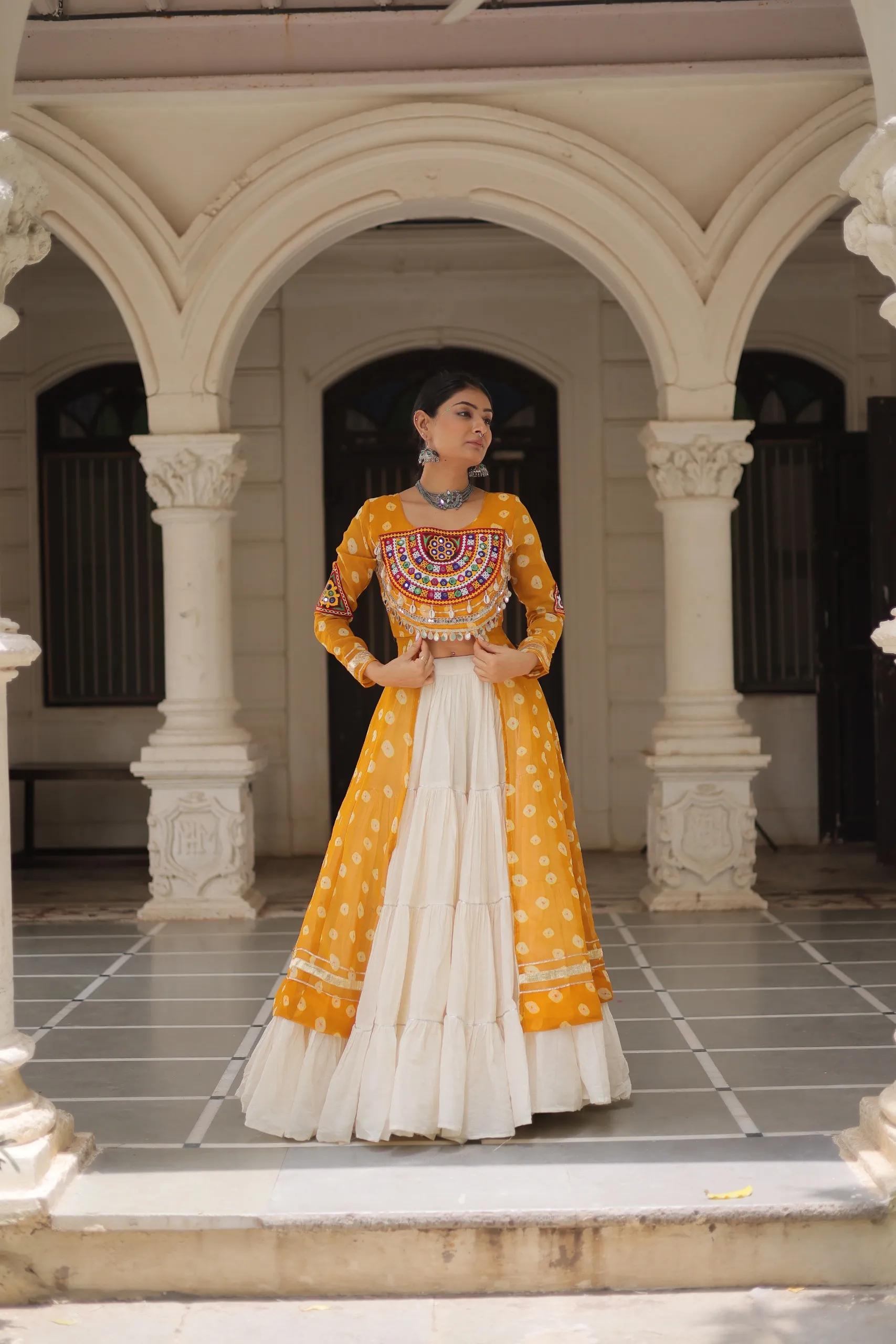 Designer Navratri Kora Cotton Lehenga Choli with Kutchi Work - Image 24 in Surat