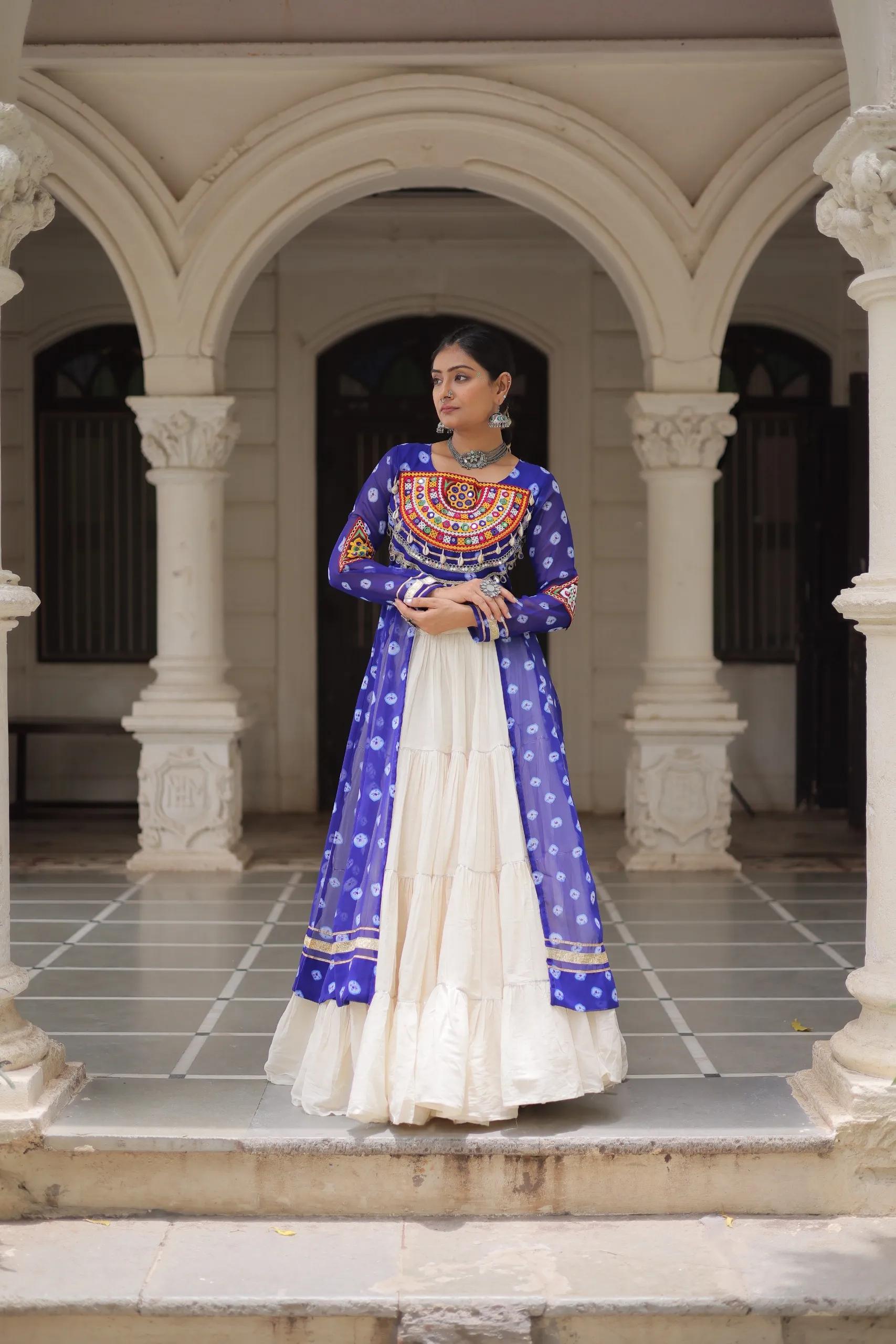 Designer Navratri Kora Cotton Lehenga Choli with Kutchi Work - Image 2 in Surat
