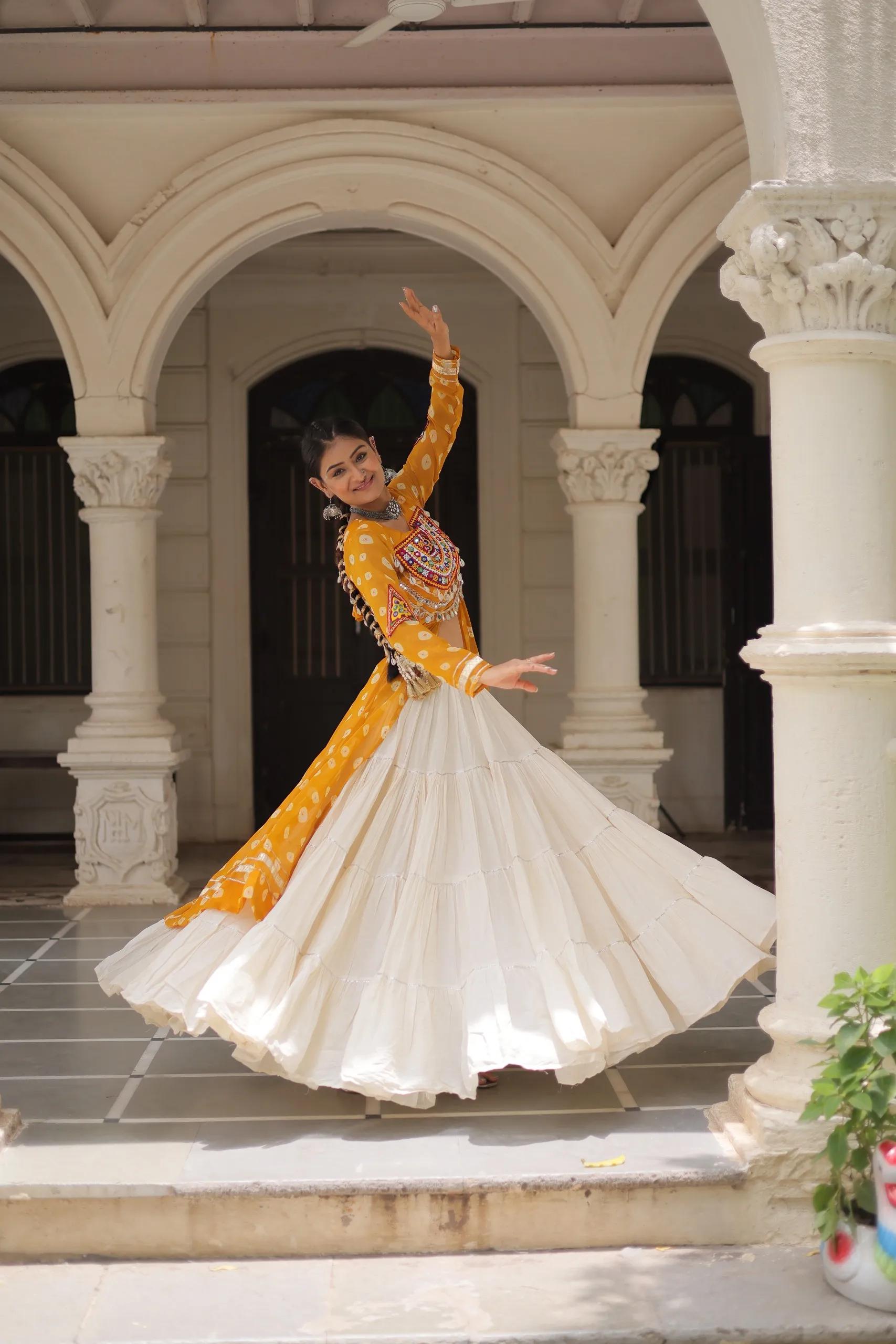 Designer Navratri Kora Cotton Lehenga Choli with Kutchi Work - Image 22 in Surat