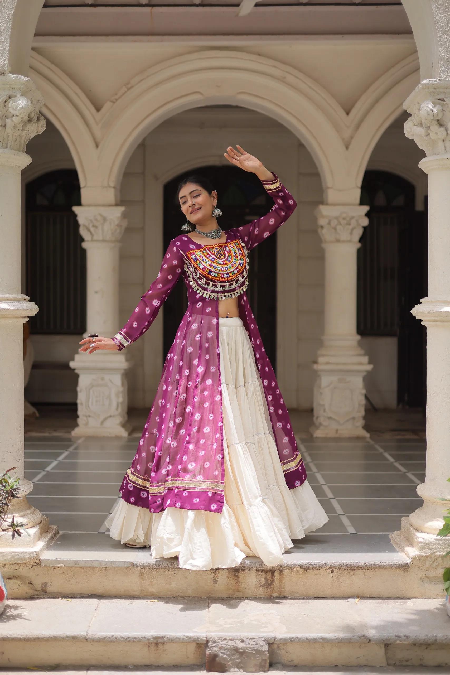 Designer Navratri Kora Cotton Lehenga Choli with Kutchi Work - Image 3 in Surat