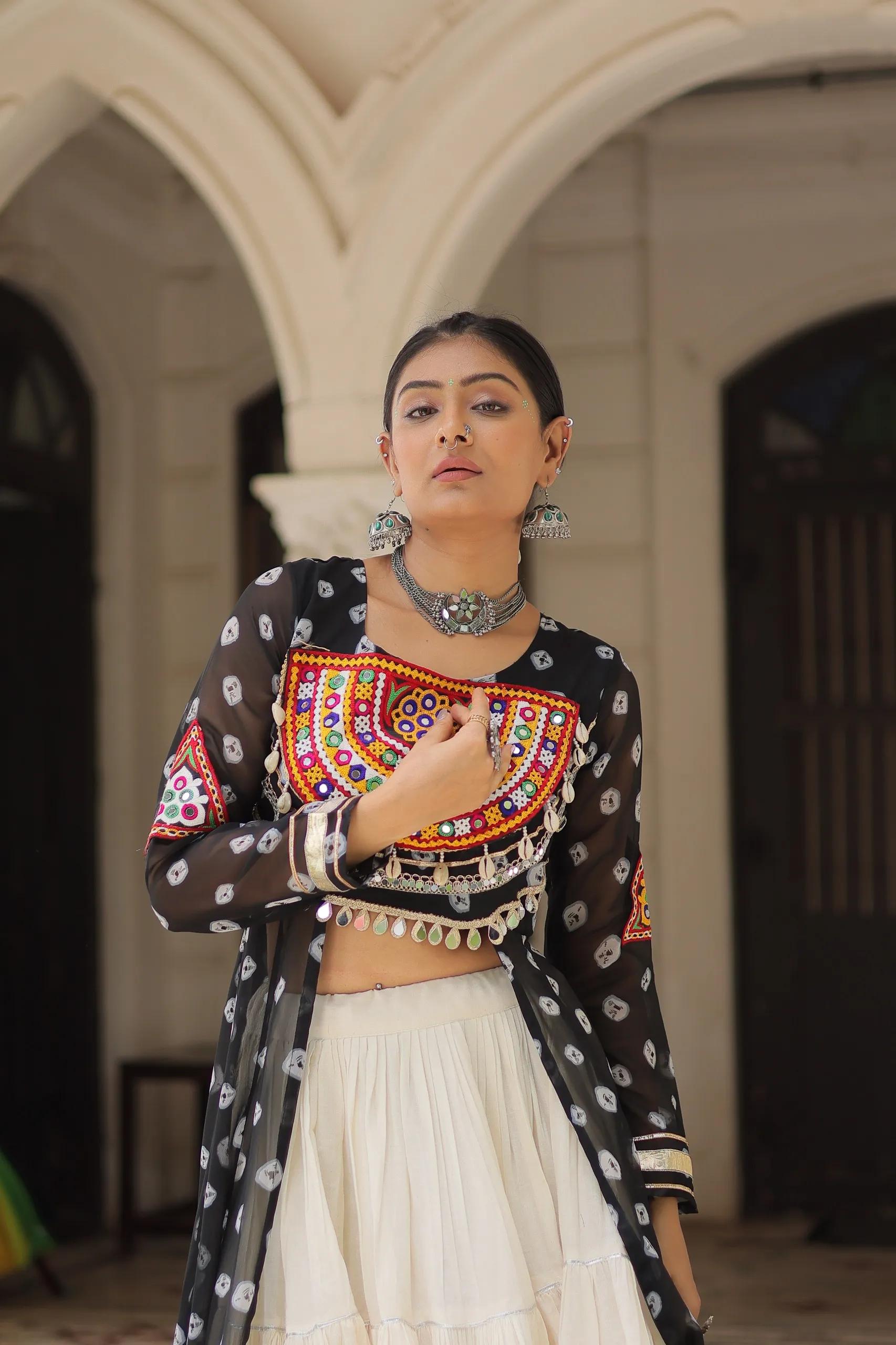 Designer Navratri Kora Cotton Lehenga Choli with Kutchi Work - Image 4 in Surat